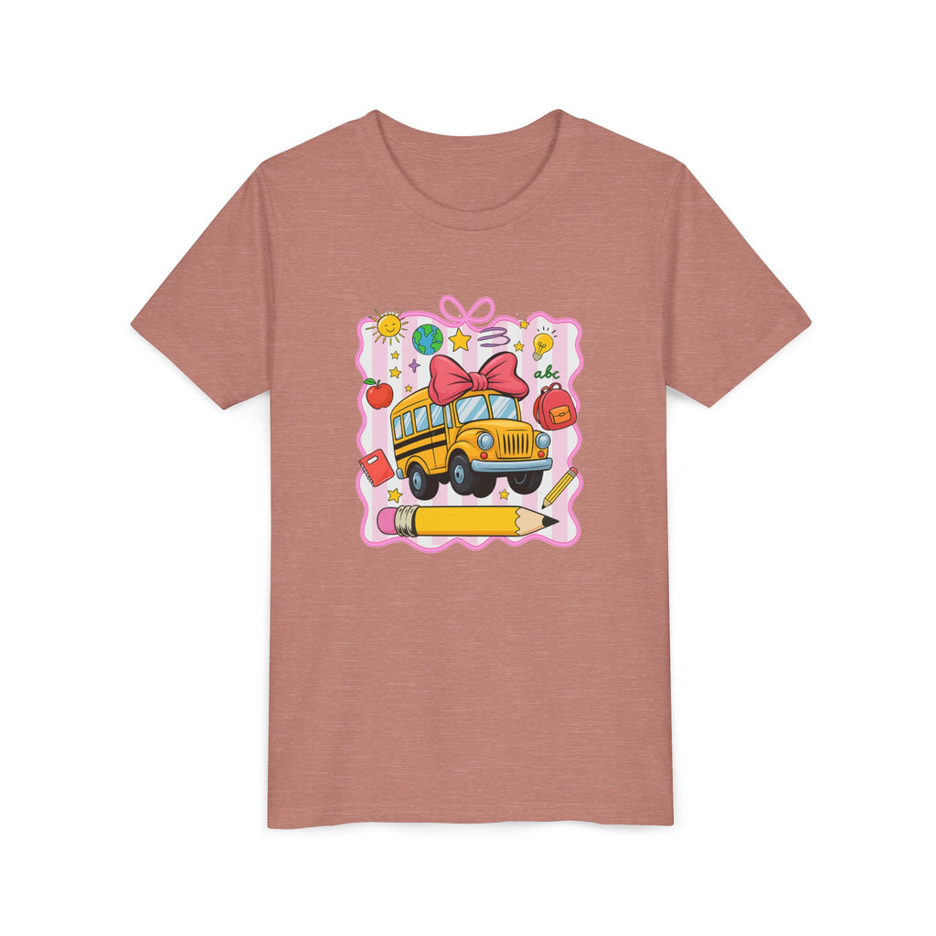Youth Tee — Cute School Bus Back to School Kids Shirt (Pencil, Apple, Sun)