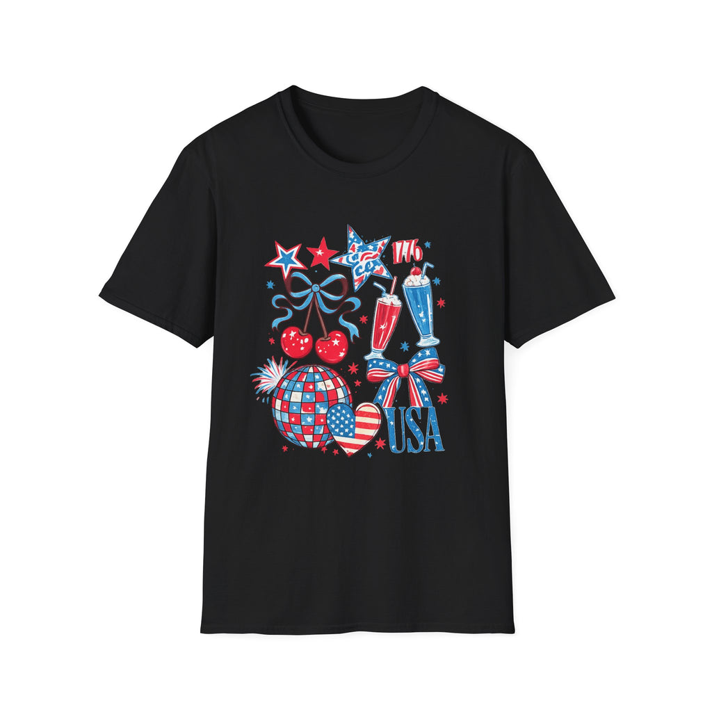 Patriotic 4th of July T-Shirt — USA 1776 Red White Blue Cherry & Soda Design
