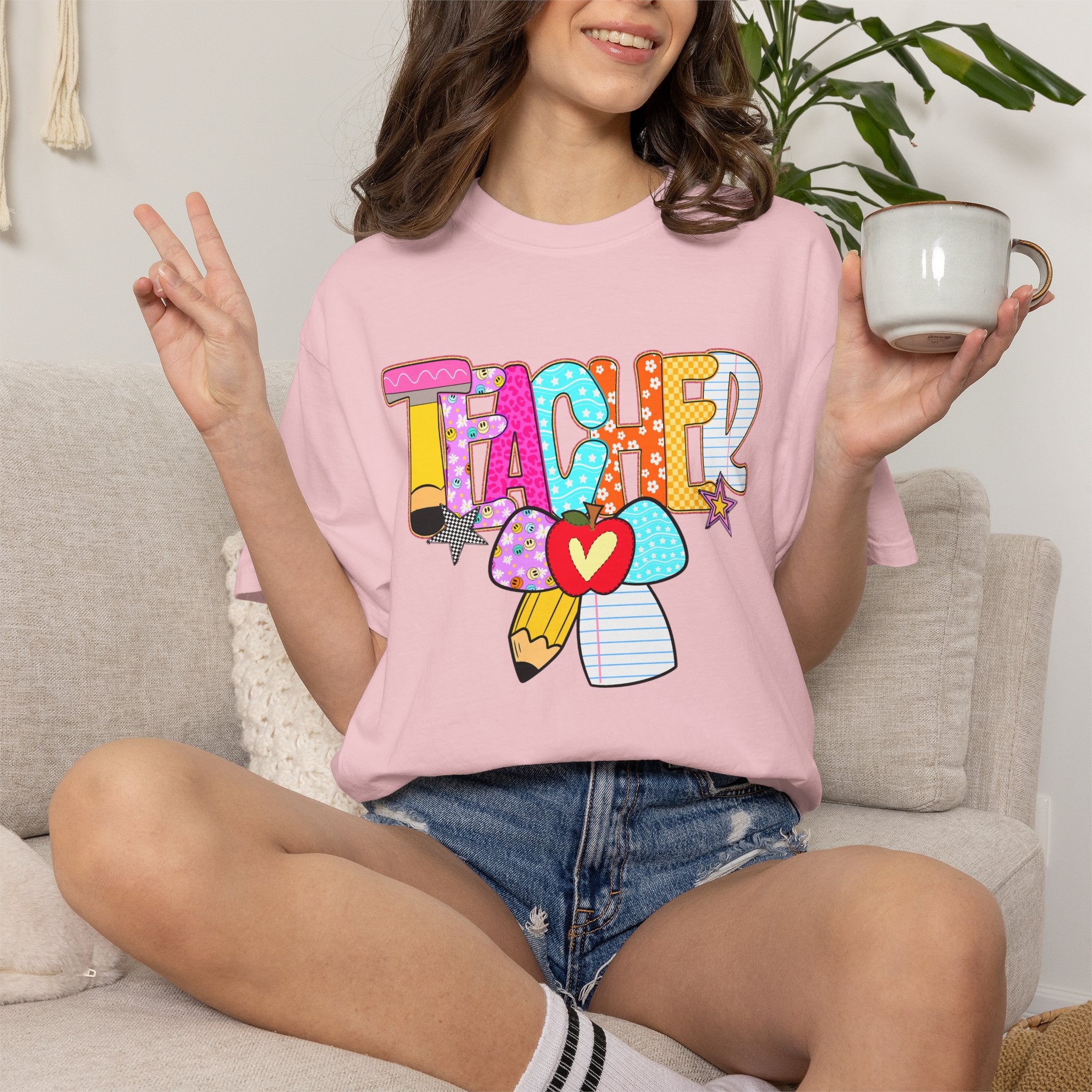 Teacher Doodle Graphic T‑Shirt — Colorful Pencil & Apple School Design