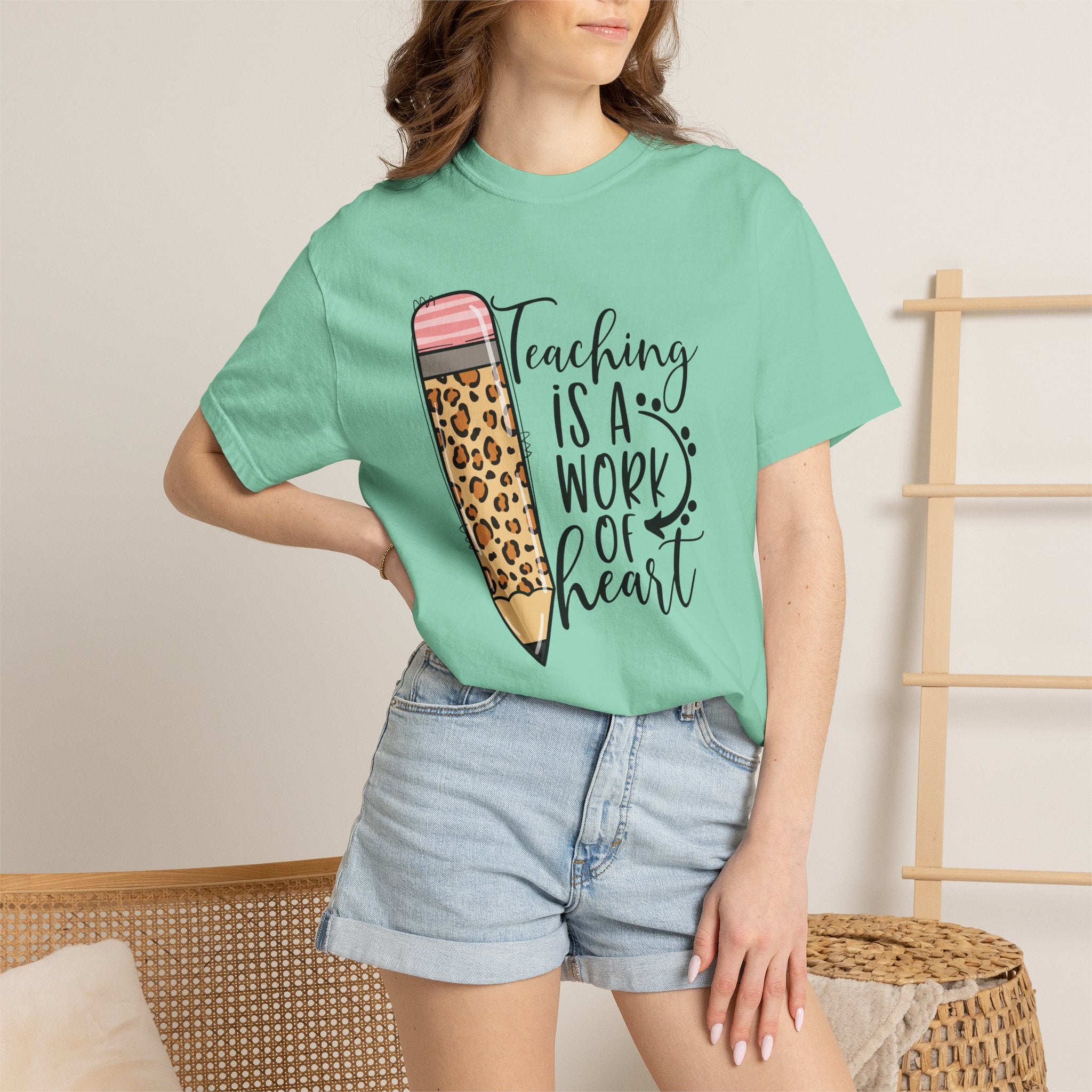 Teaching Is a Work of Heart Leopard Pencil T-Shirt — Teacher Appreciation Gift