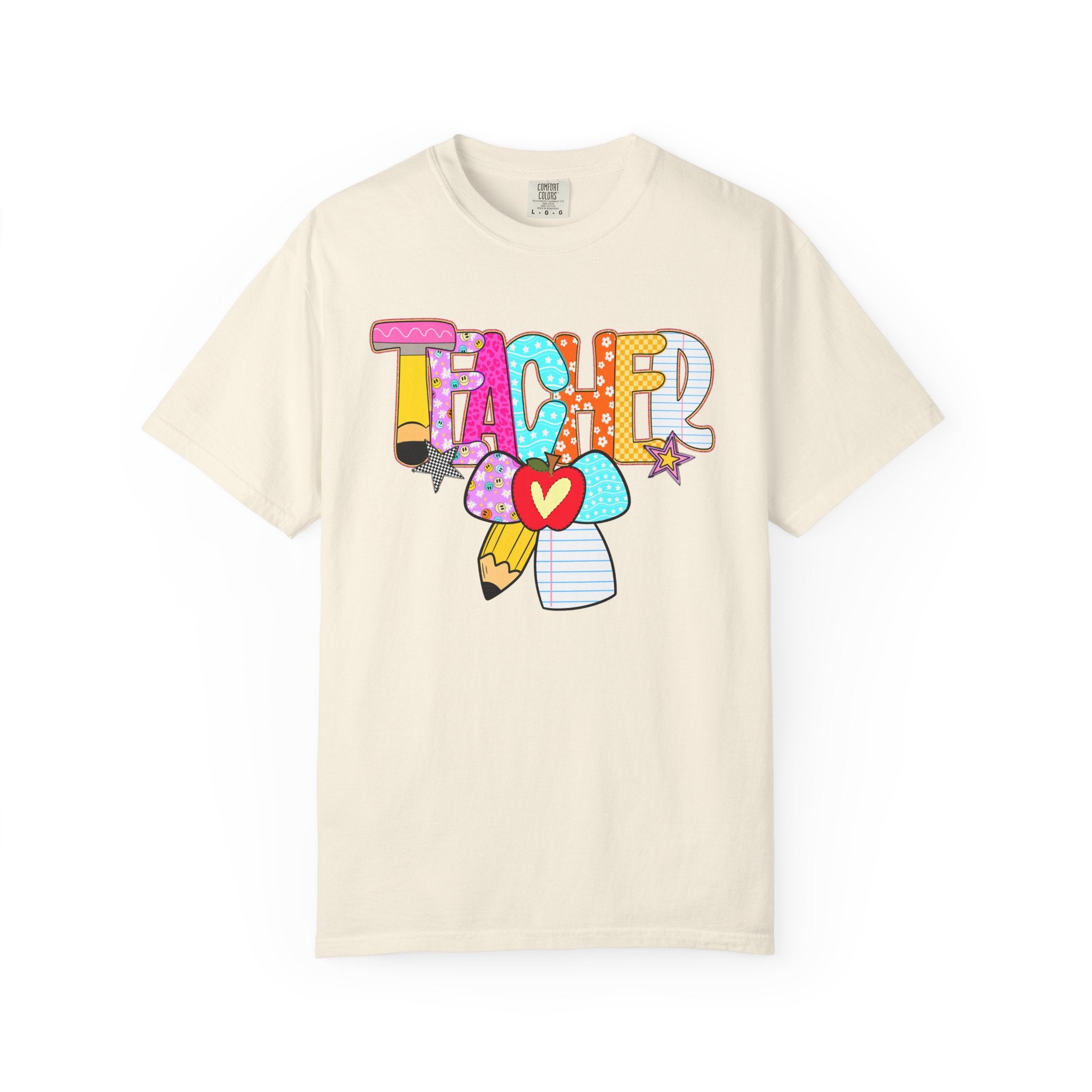 Teacher Doodle Graphic T‑Shirt — Colorful Pencil & Apple School Design