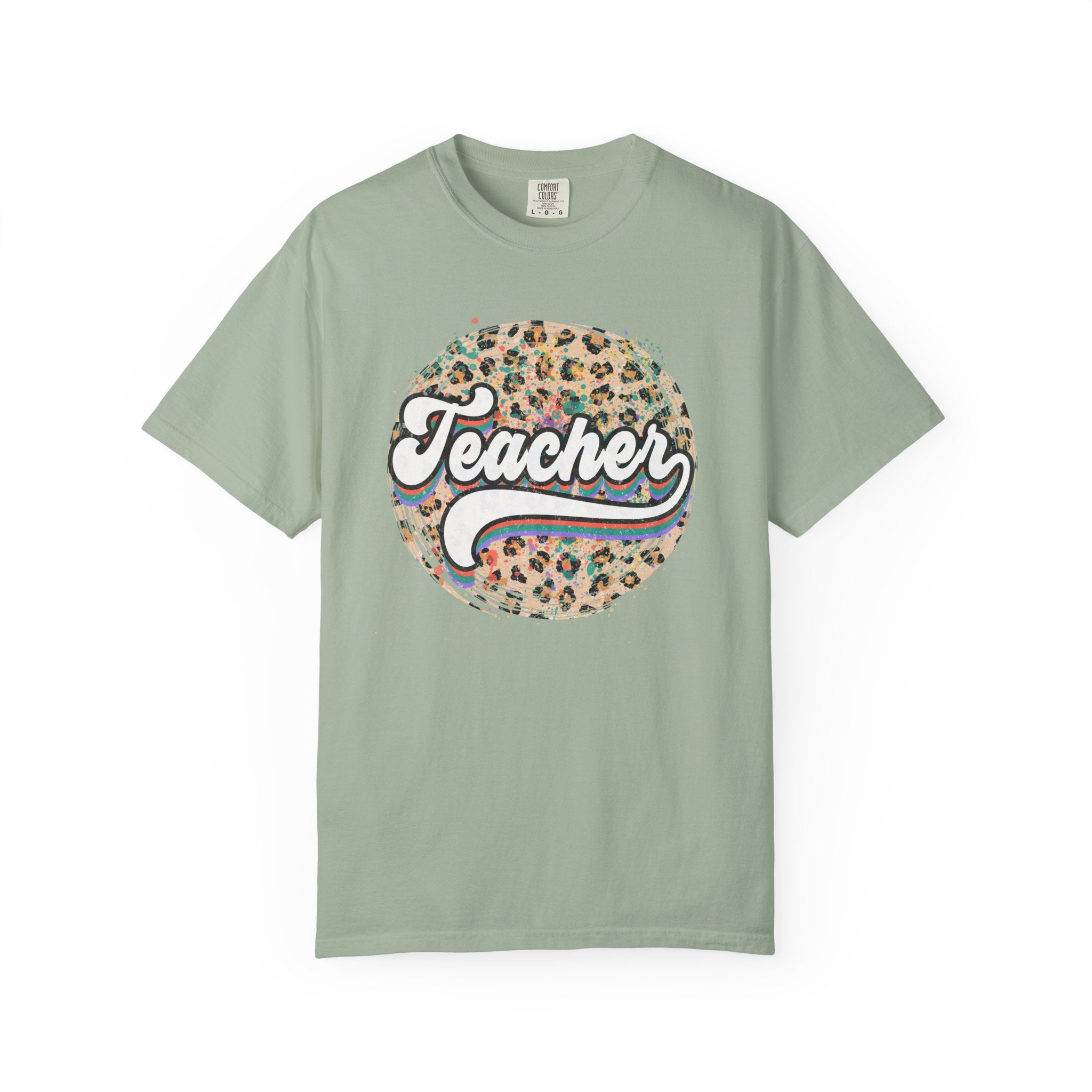 Teacher Leopard Circle T-Shirt — Retro Rainbow Script Tee for Educators