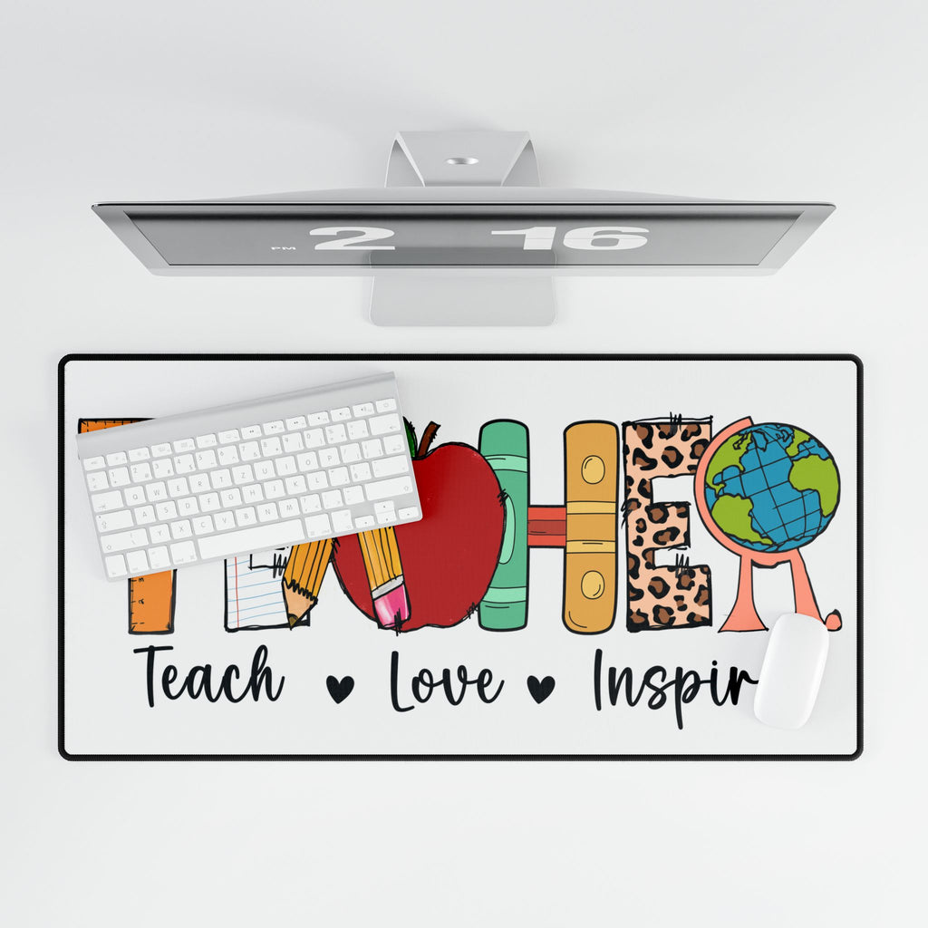Teacher Desk Mat – "Teach • Love • Inspire" Classroom Desk Pad with Pencil, Apple & Globe Design