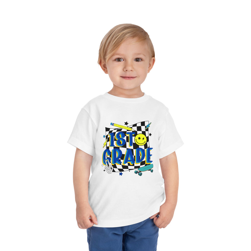 1st Grade Toddler Tee - Back-to-School Smile Skateboard Design