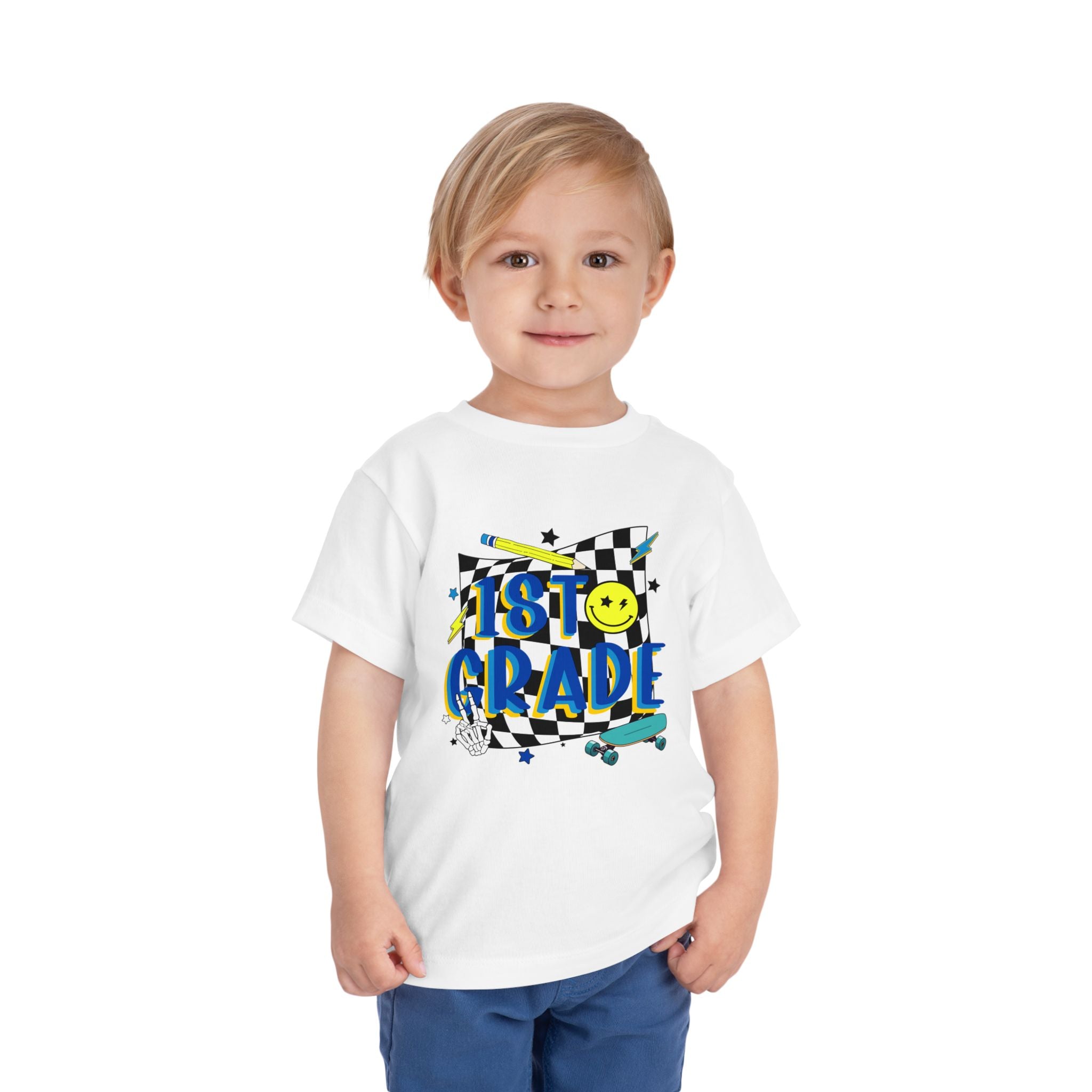 1st Grade Toddler Tee - Back-to-School Smile Skateboard Design