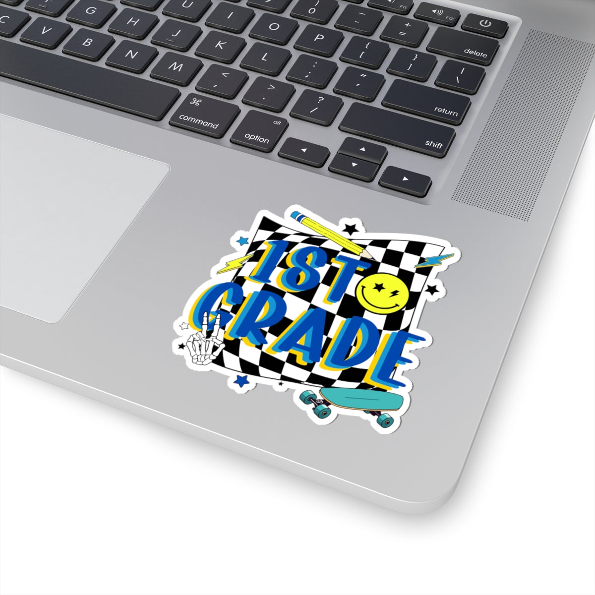 1st Grade Skateboard Smile Sticker — Back-to-School Kiss-Cut Decal