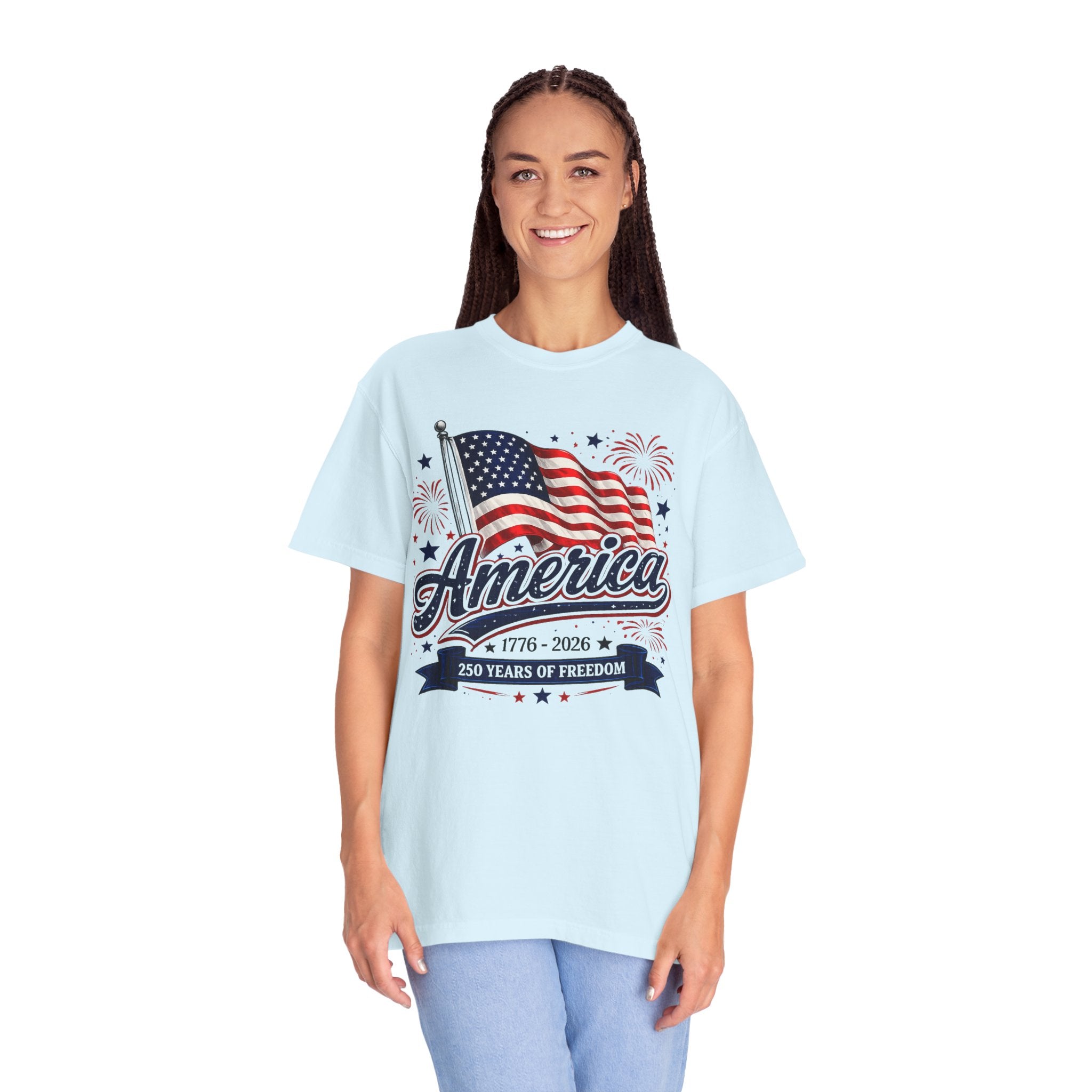 America 250th Anniversary T-Shirt — "America" Flag & Fireworks 1776–2026