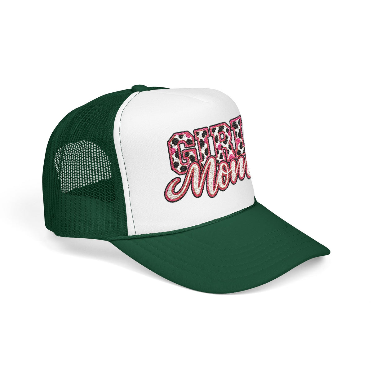 Girl Mom Leopard Foam Trucker Hat — Pink Glitter Script Mesh Cap
