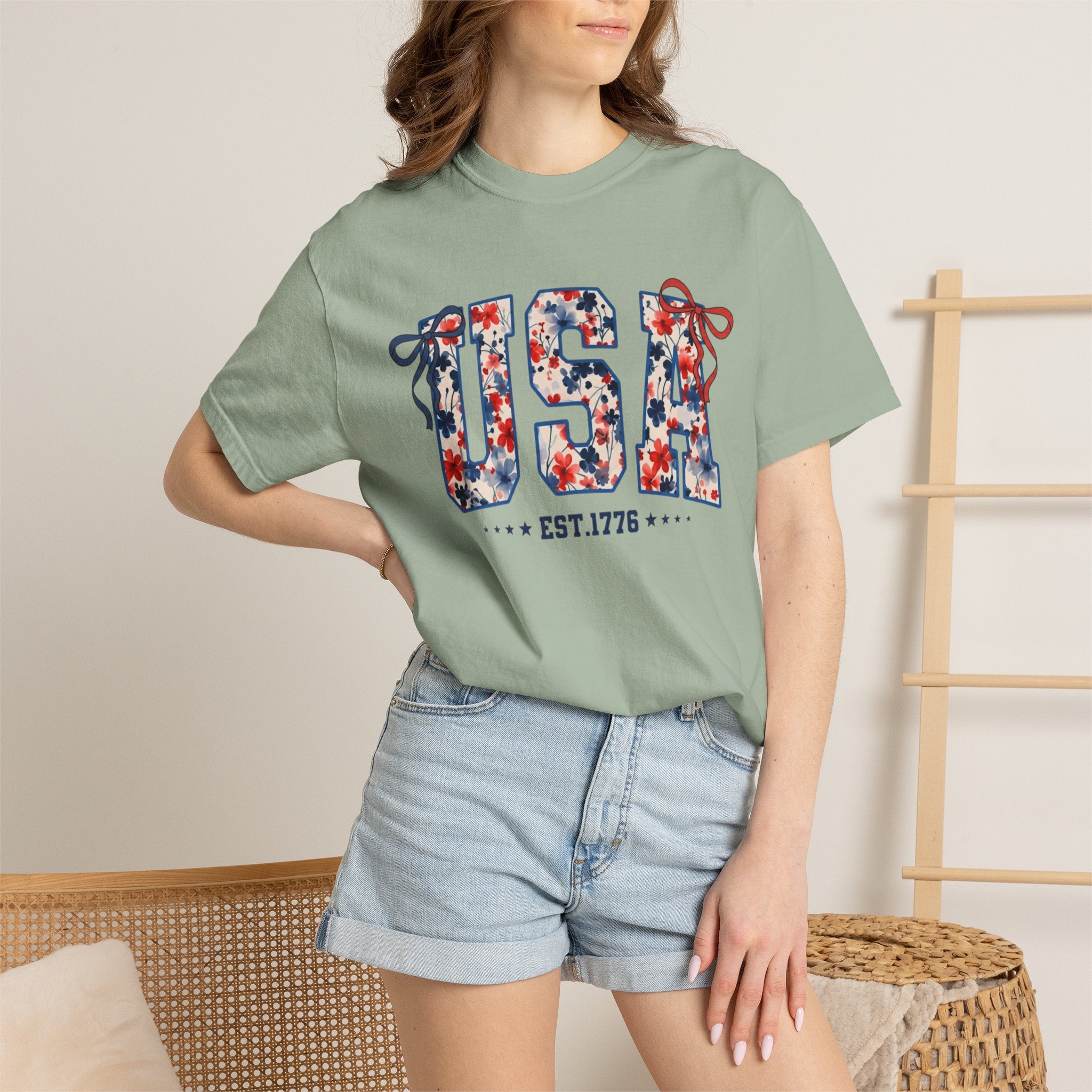 USA Floral Graphic T-Shirt — EST.1776 Patriotic Fourth of July Tee