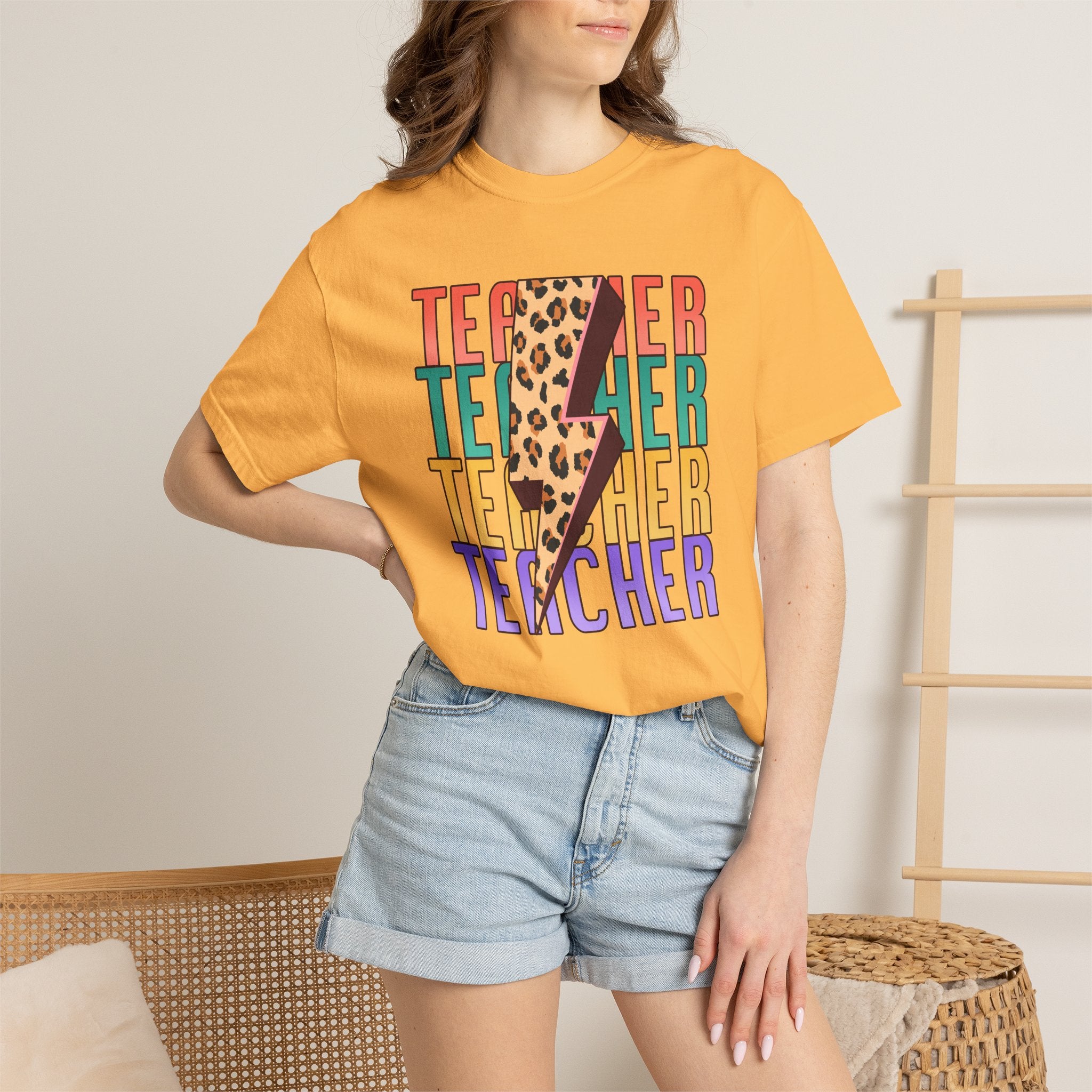 Teacher Lightning Bolt Leopard Print T‑Shirt — Colorful Retro Teacher Tee