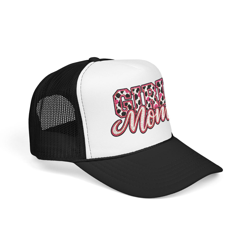 Girl Mom Leopard Foam Trucker Hat — Pink Glitter Script Mesh Cap