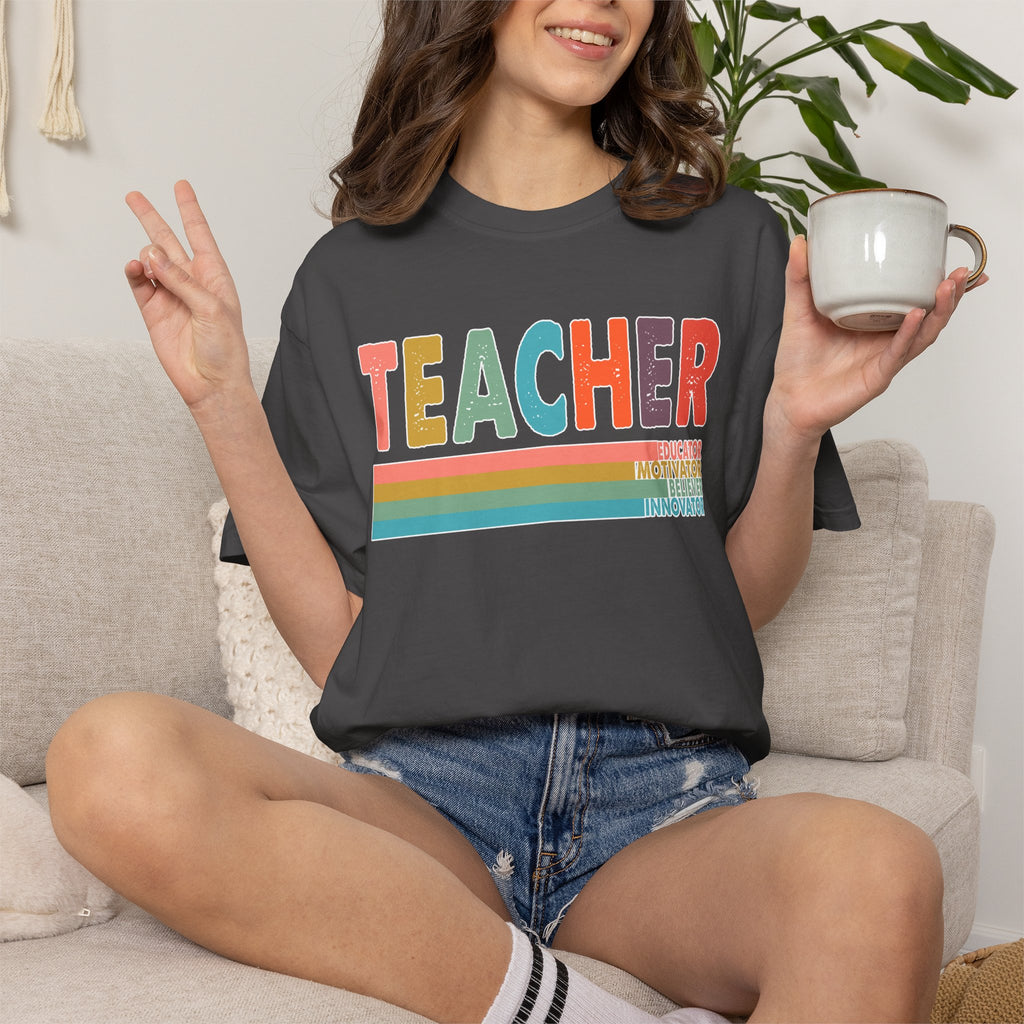 Teacher Rainbow Stripes T-Shirt — Retro Colorful Educator Tee