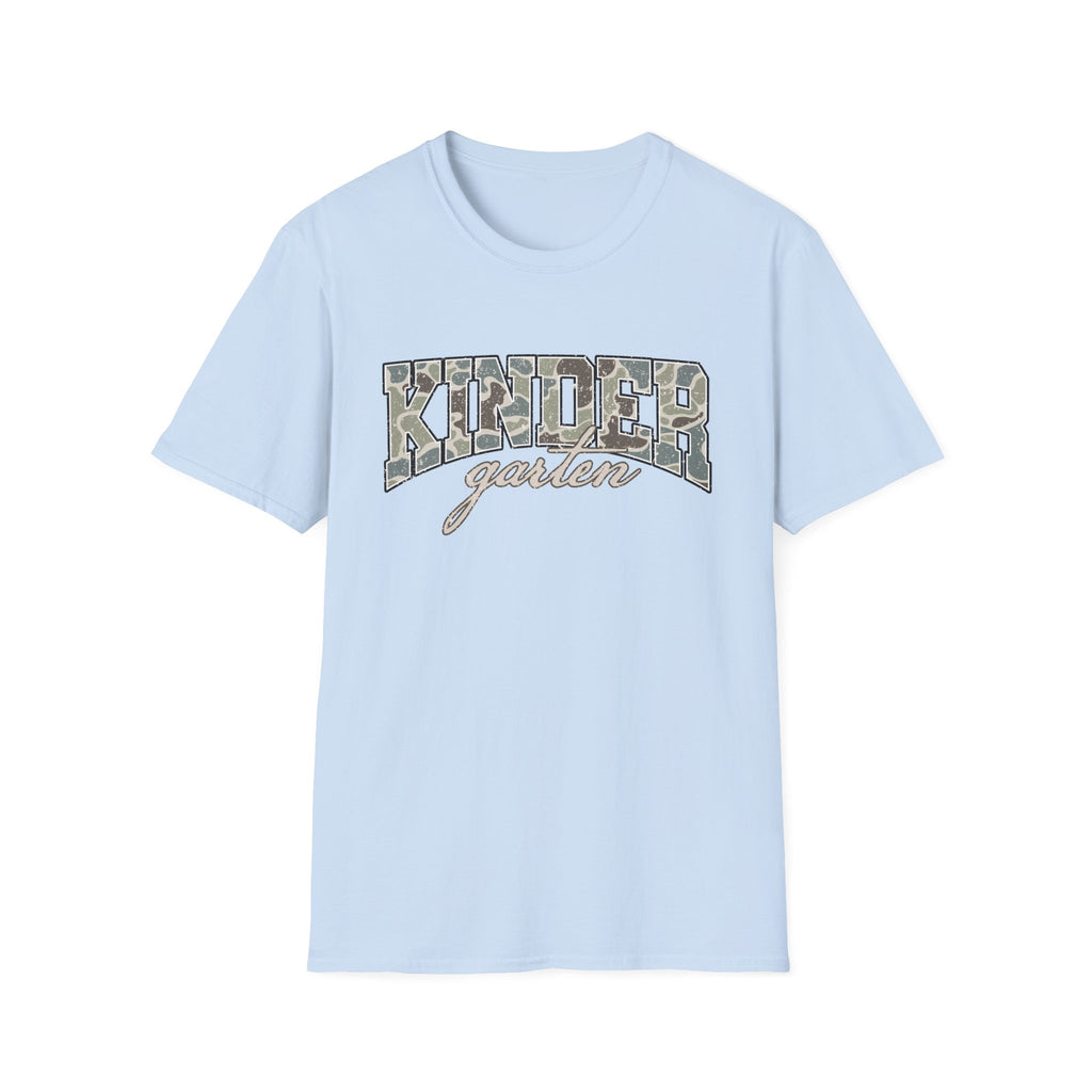 Kindergarten Camo T-Shirt — 'Kindergarten' Script & Camo Block Design
