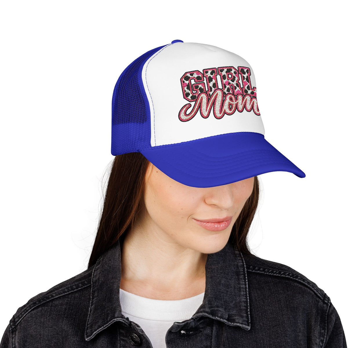 Girl Mom Leopard Foam Trucker Hat — Pink Glitter Script Mesh Cap