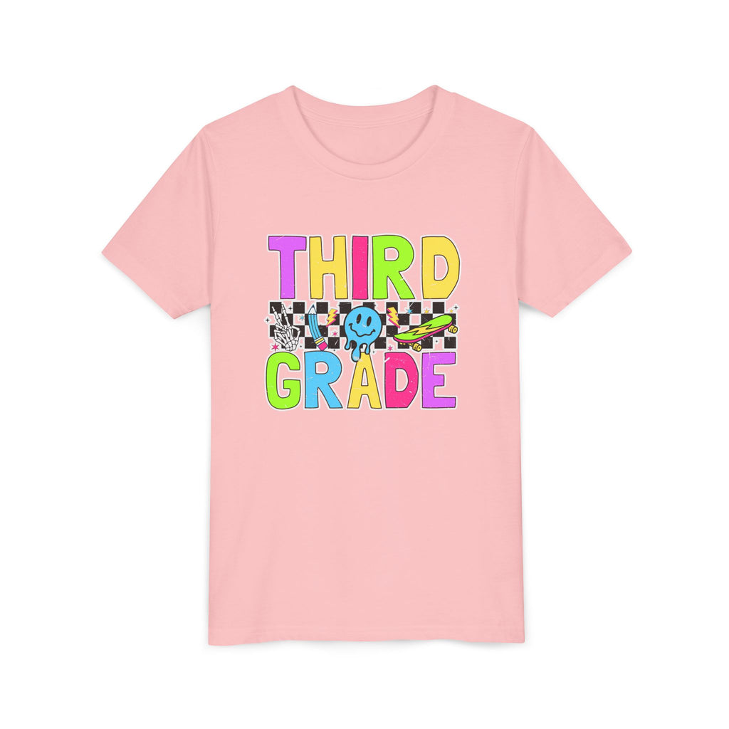 Third Grade Youth T‑Shirt — Colorful Checkerboard Smileback School Tee