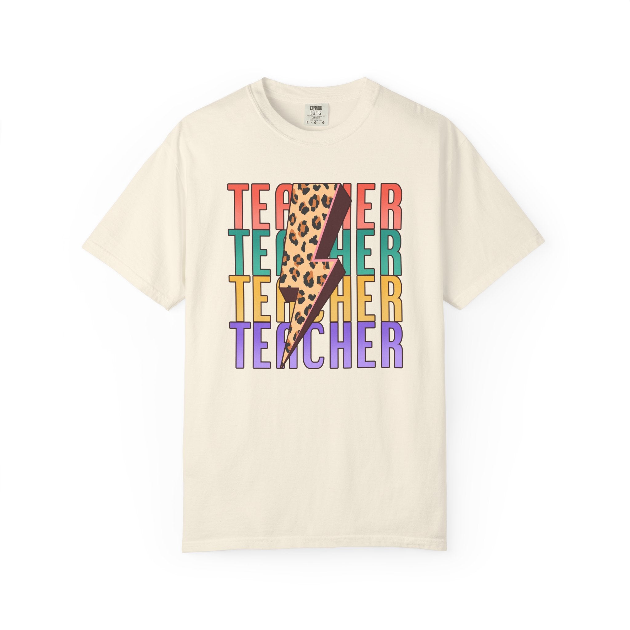 Teacher Lightning Bolt Leopard Print T‑Shirt — Colorful Retro Teacher Tee
