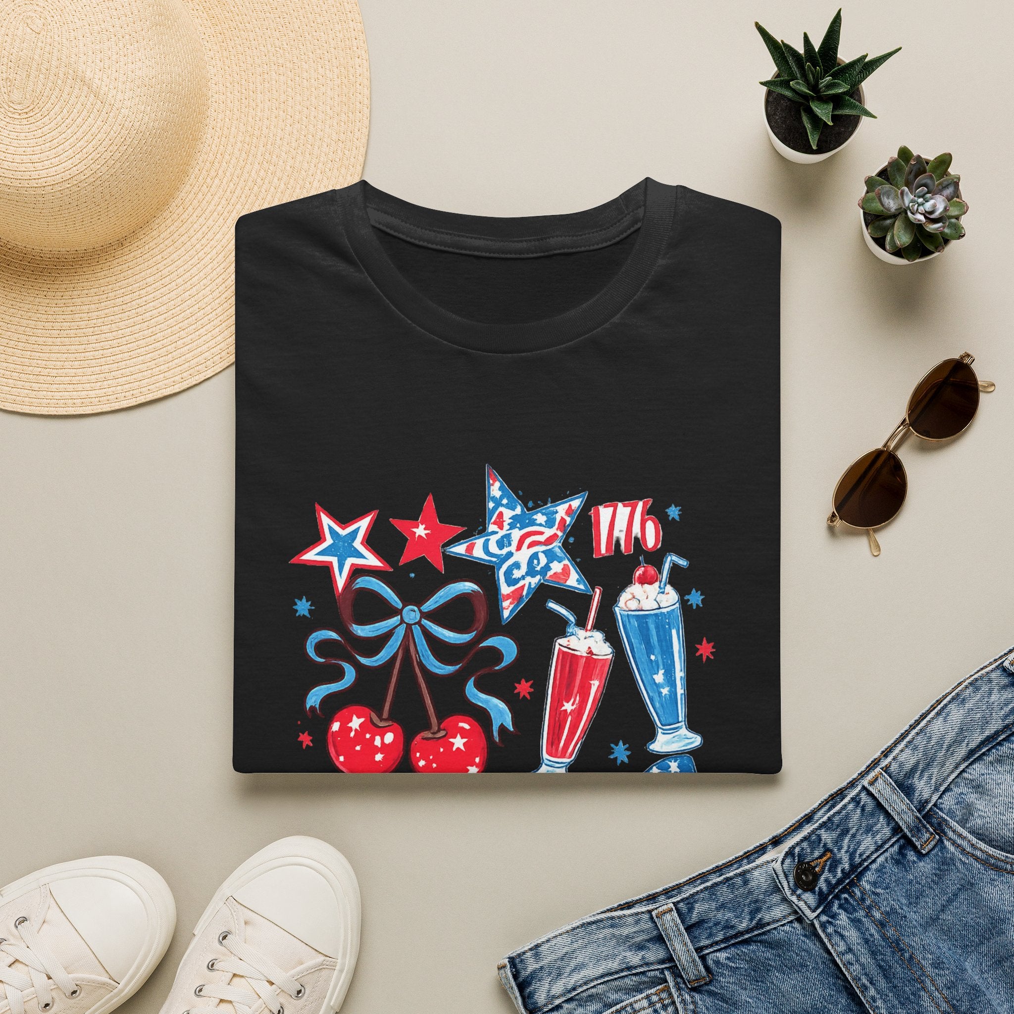 Patriotic 4th of July T-Shirt — USA 1776 Red White Blue Cherry & Soda Design
