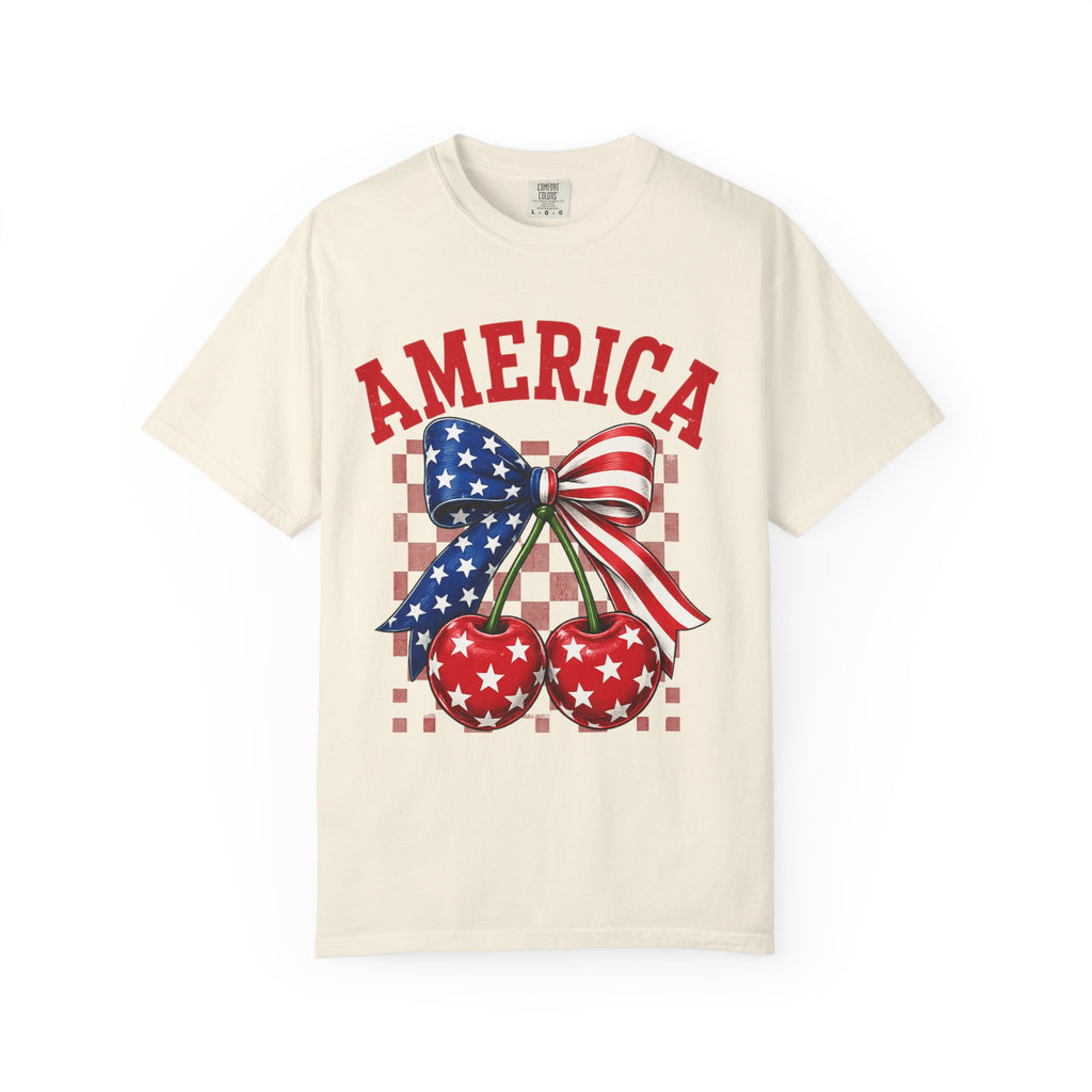 America Cherry Graphic T-Shirt — Patriotic Stars & Stripes Bow Tee