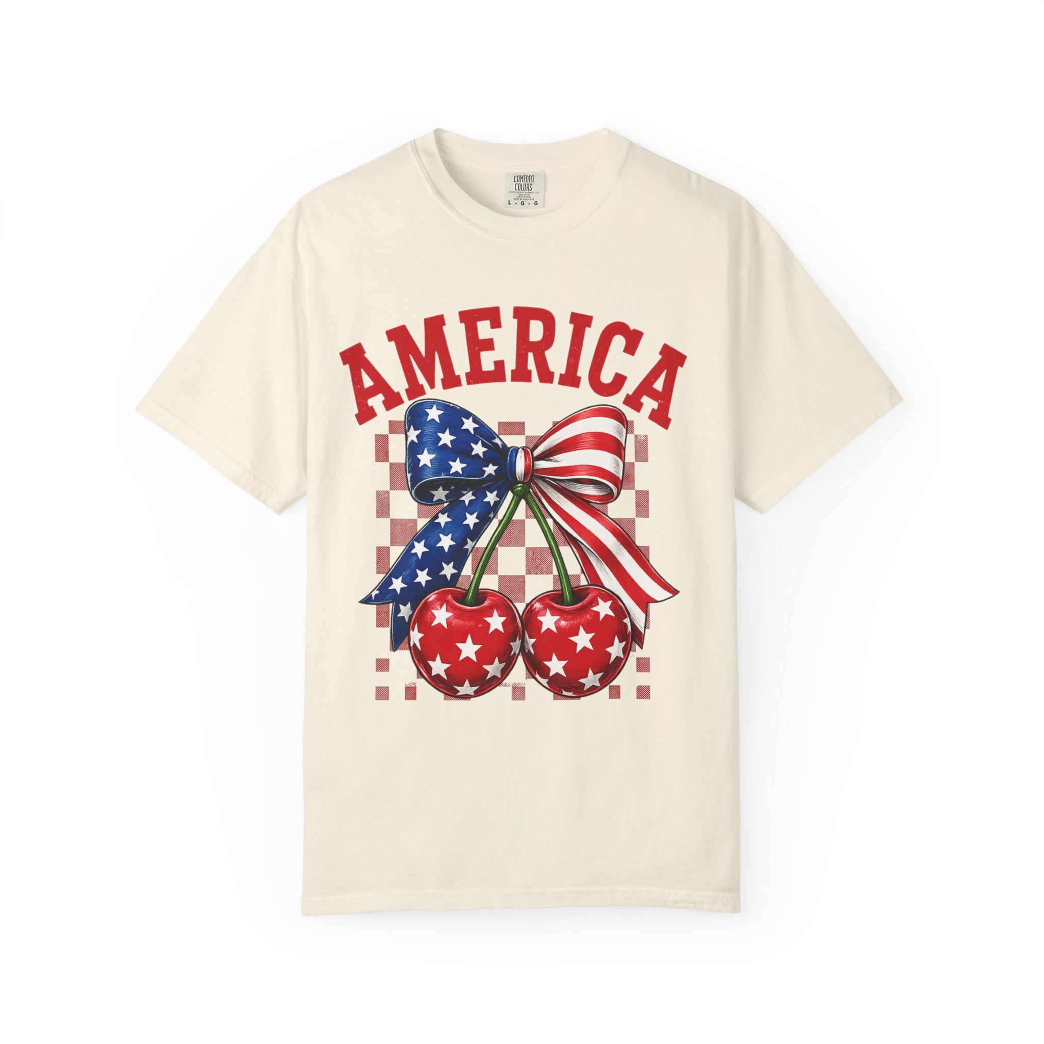 America Cherry Graphic T-Shirt — Patriotic Stars & Stripes Bow Tee