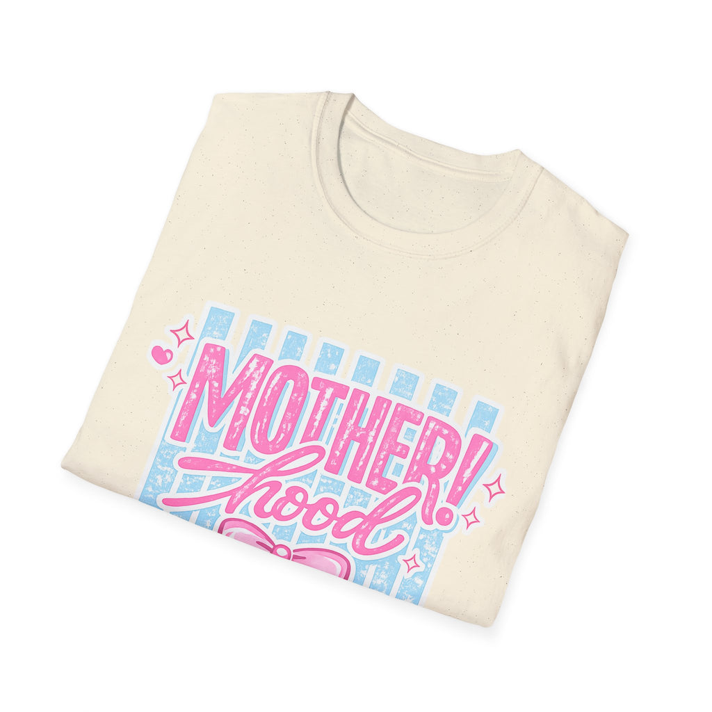 Motherhood Retro Tee — "Mother!hood" Pink & Blue Graphic T-Shirt for New Moms