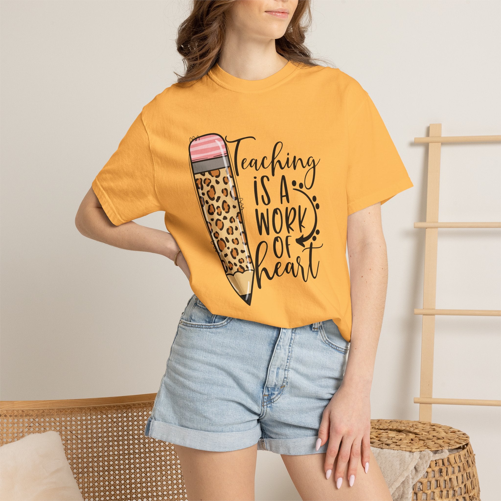 Teaching Is a Work of Heart Leopard Pencil T-Shirt — Teacher Appreciation Gift