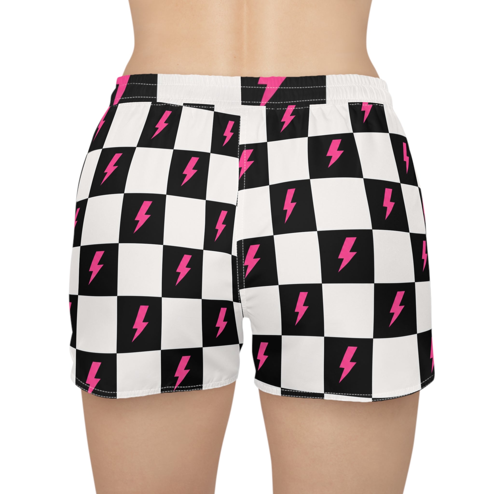 Checkerboard Lightning Bolt Women's Casual Shorts — Black & Pink