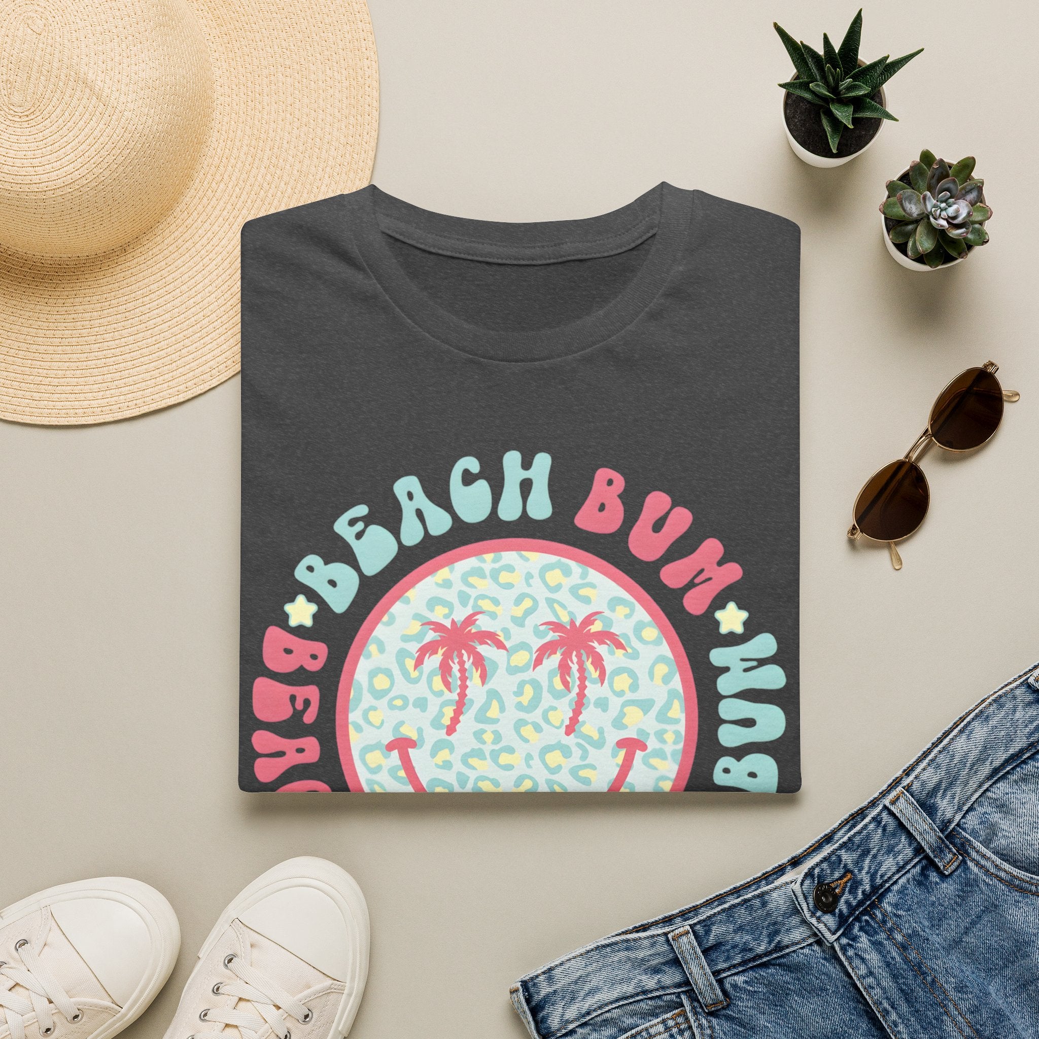 Beach Bum Smiley T-Shirt — Pastel Palm Tree Graphic