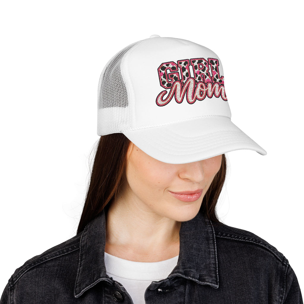 Girl Mom Leopard Foam Trucker Hat — Pink Glitter Script Mesh Cap