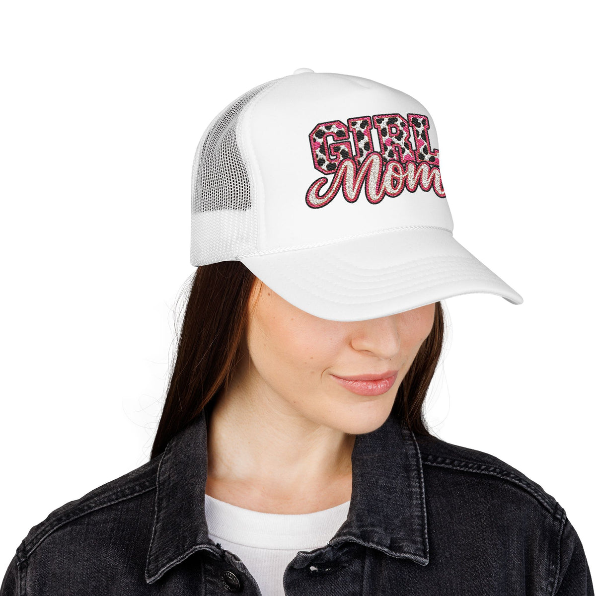 Girl Mom Leopard Foam Trucker Hat — Pink Glitter Script Mesh Cap