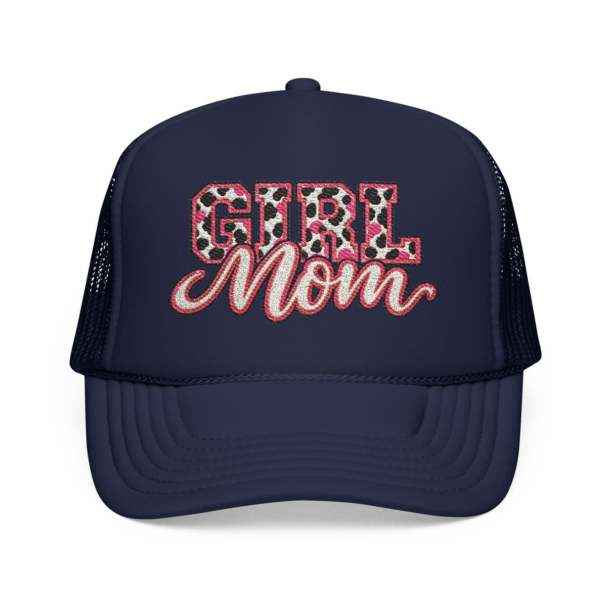 Girl Mom Leopard Foam Trucker Hat — Pink Glitter Script Mesh Cap