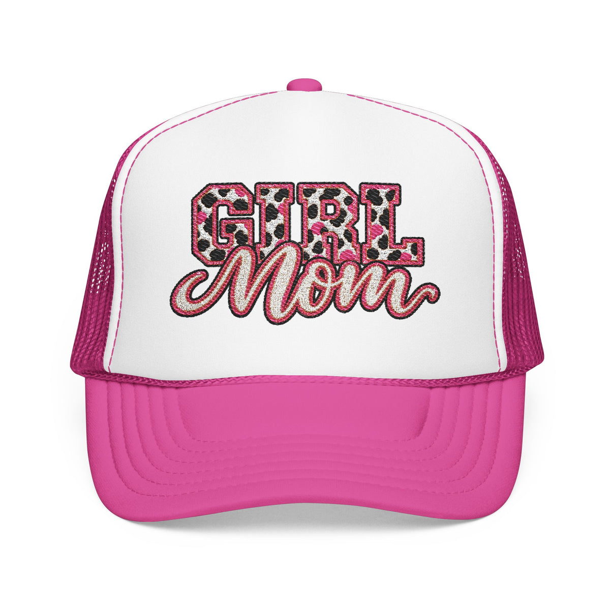 Girl Mom Leopard Foam Trucker Hat — Pink Glitter Script Mesh Cap