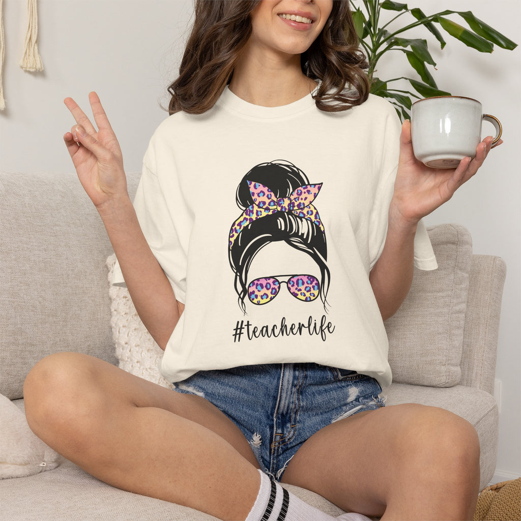 Teacher Life Floral Messy Bun T-Shirt