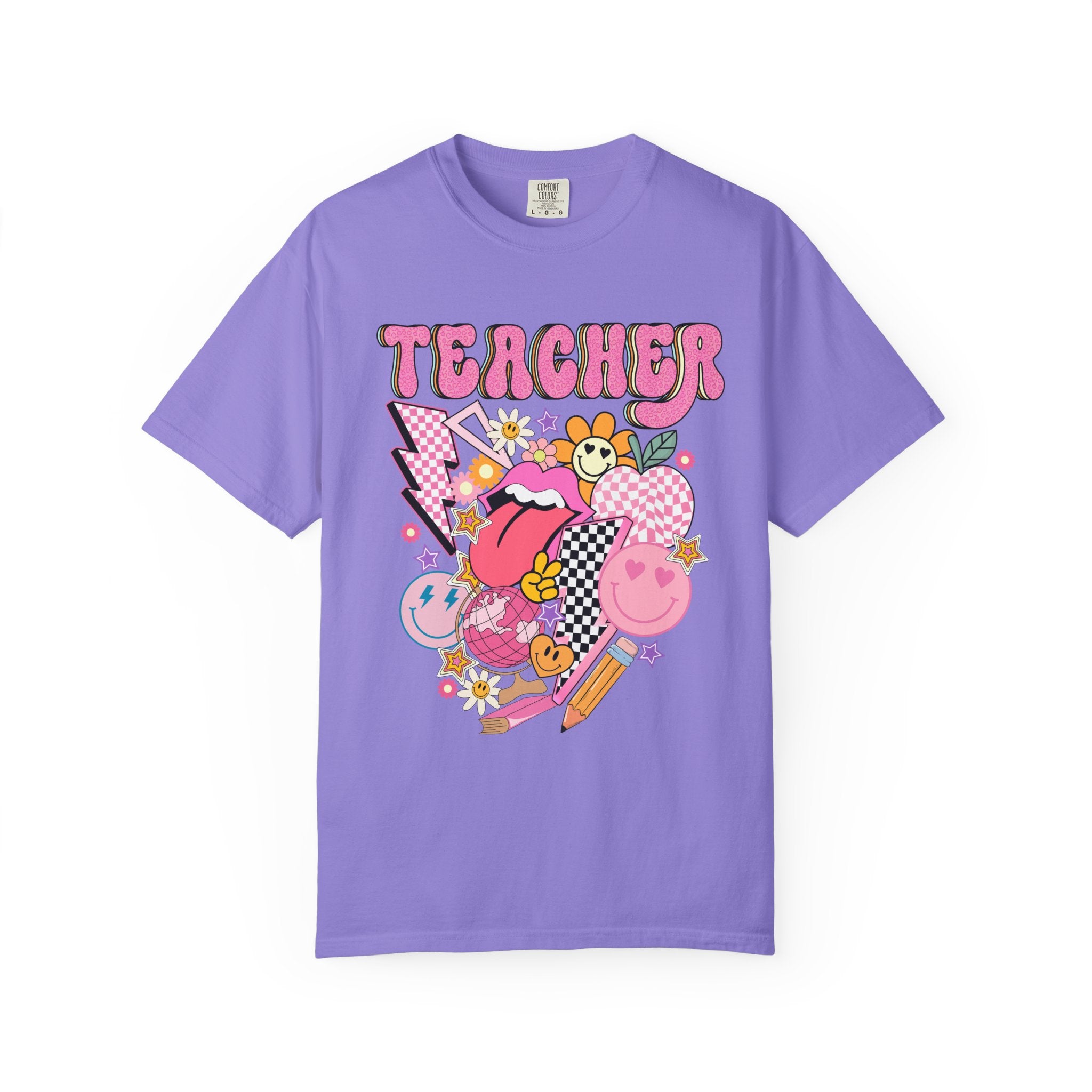 Teacher Retro Pop Graphic T‑Shirt — Cute Pink School Staff Shirt