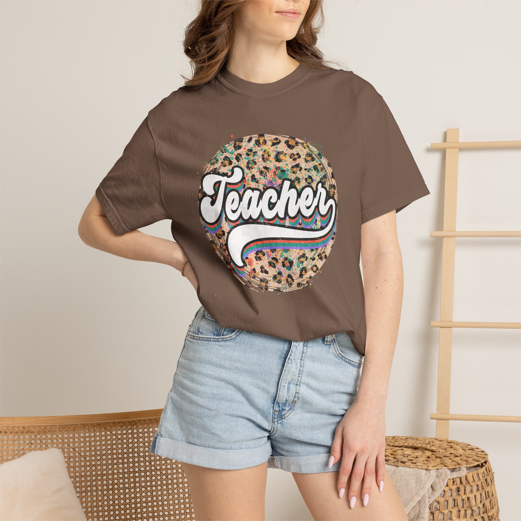 Teacher Leopard Circle T-Shirt — Retro Rainbow Script Tee for Educators