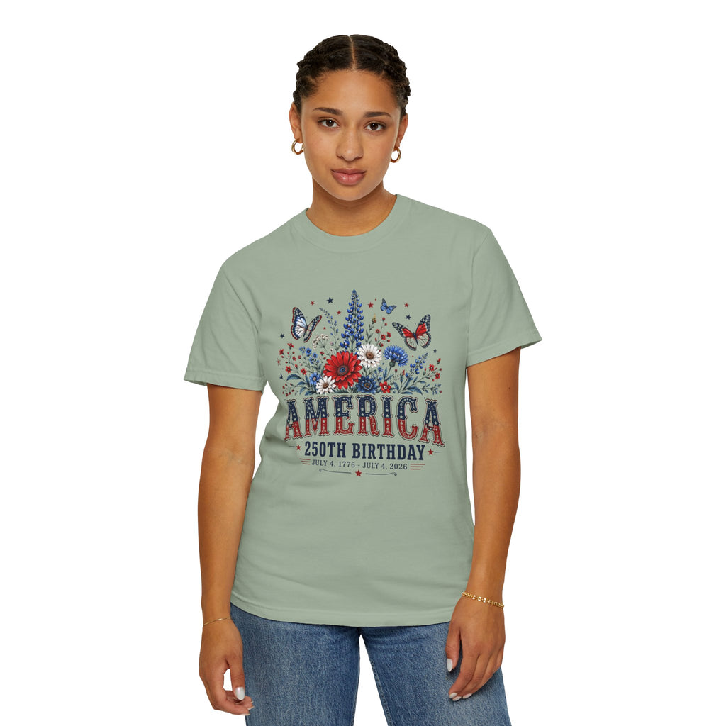 America 250th Birthday T-Shirt — Patriotic Floral July 4th Tee