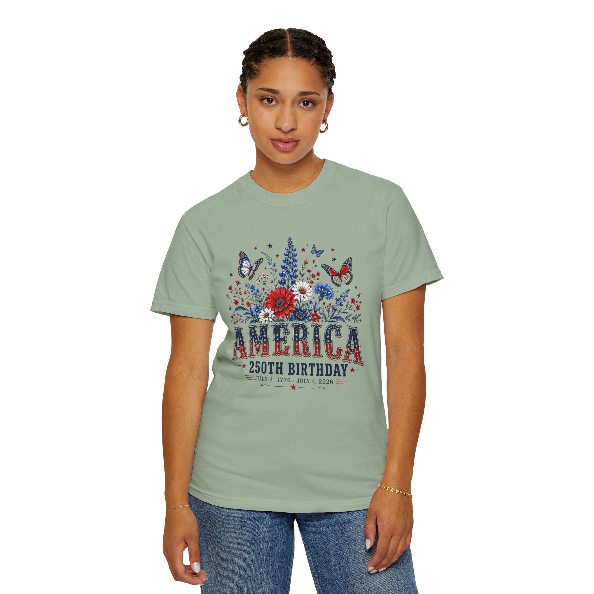 America 250th Birthday T-Shirt — Patriotic Floral July 4th Tee