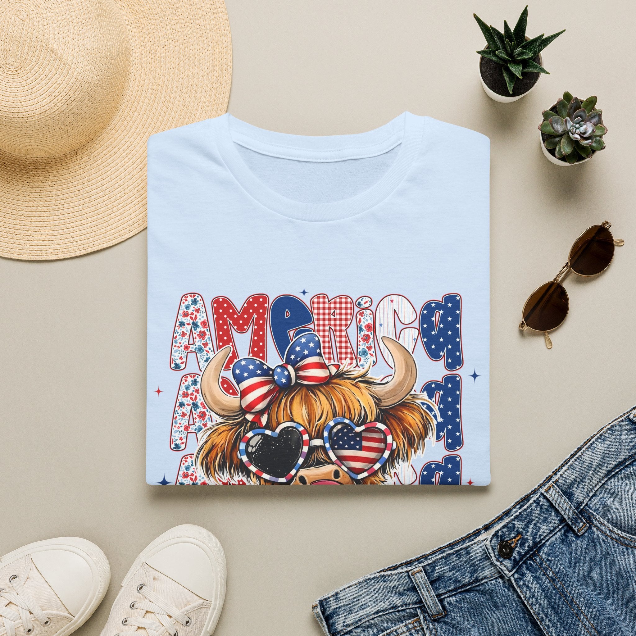 Patriotic Highland Cow T-Shirt — 'Land of the Free' 4th of July Tee