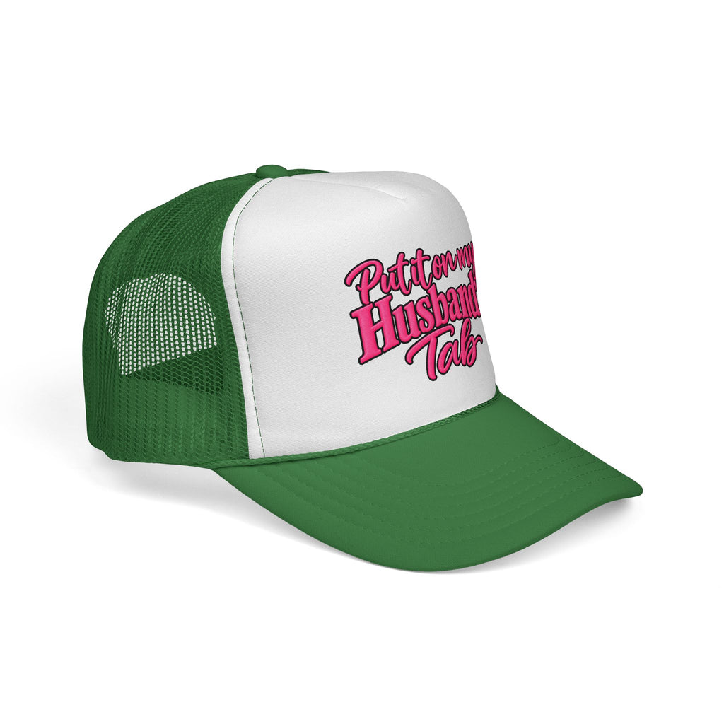Trucker Cap — "Put It On My Husband's Tab" Pink Script Mesh Hat
