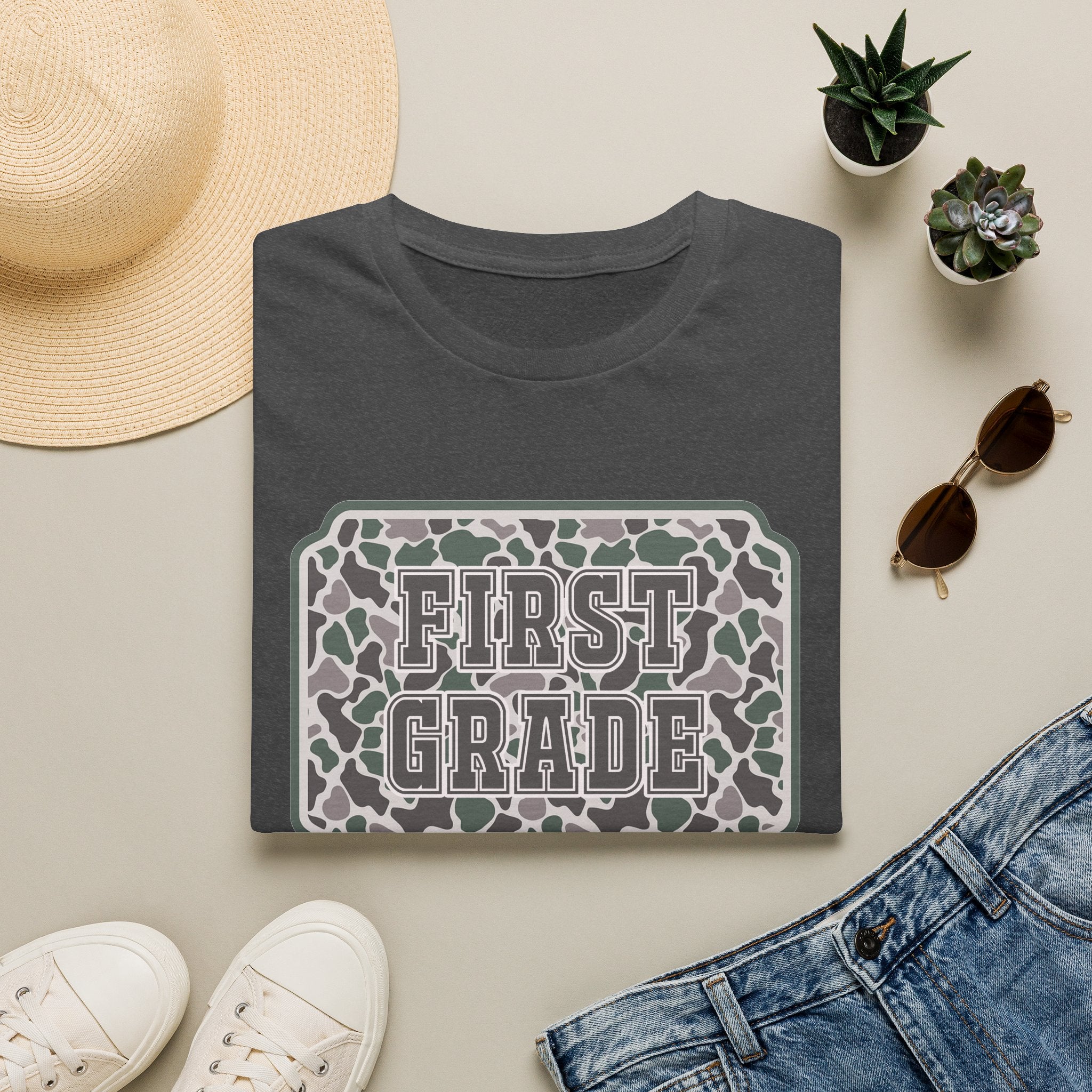 First Grade Camo T-Shirt — 'FIRST GRADE' School Teacher / Back-to-School Shirt