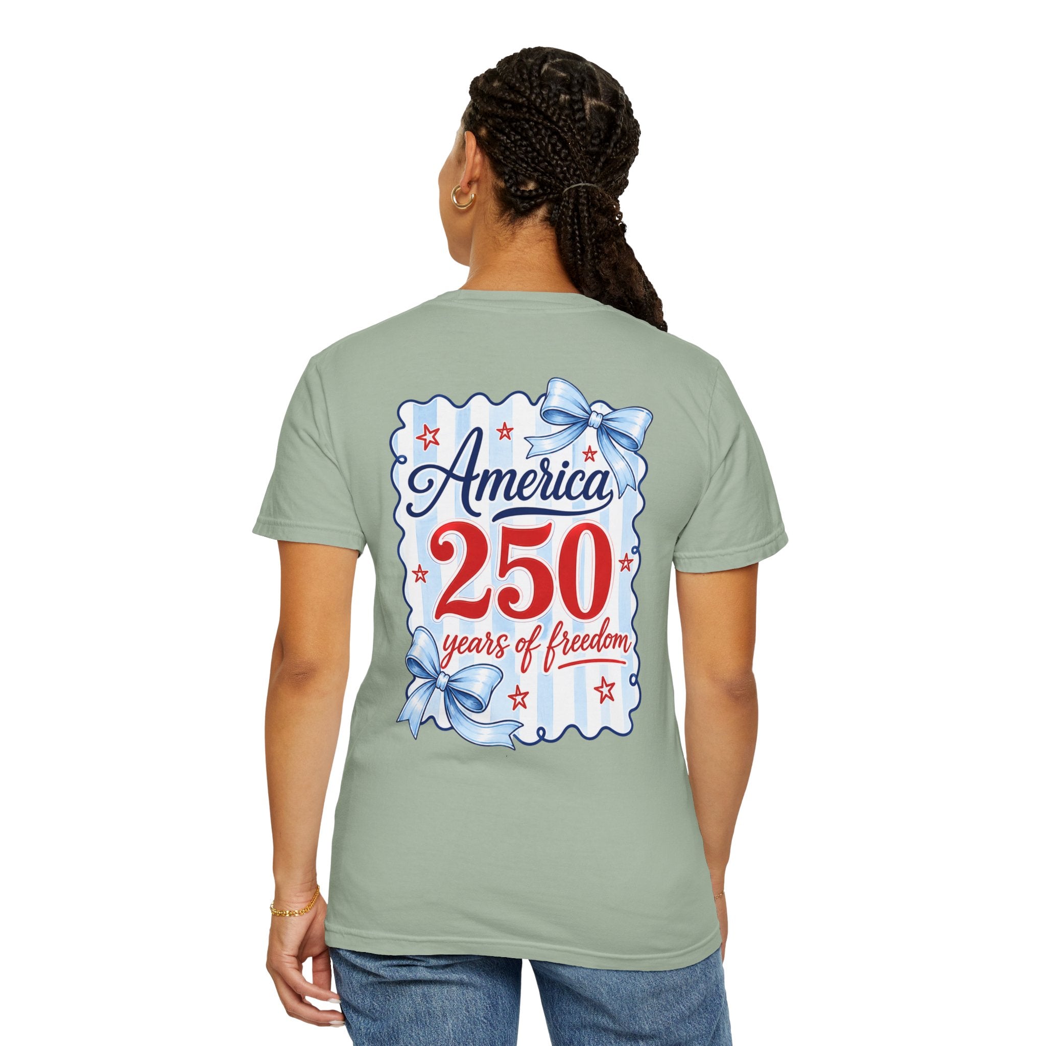 America 250 Years of Freedom T-Shirt — Patriotic Red, White & Blue Bow Tee