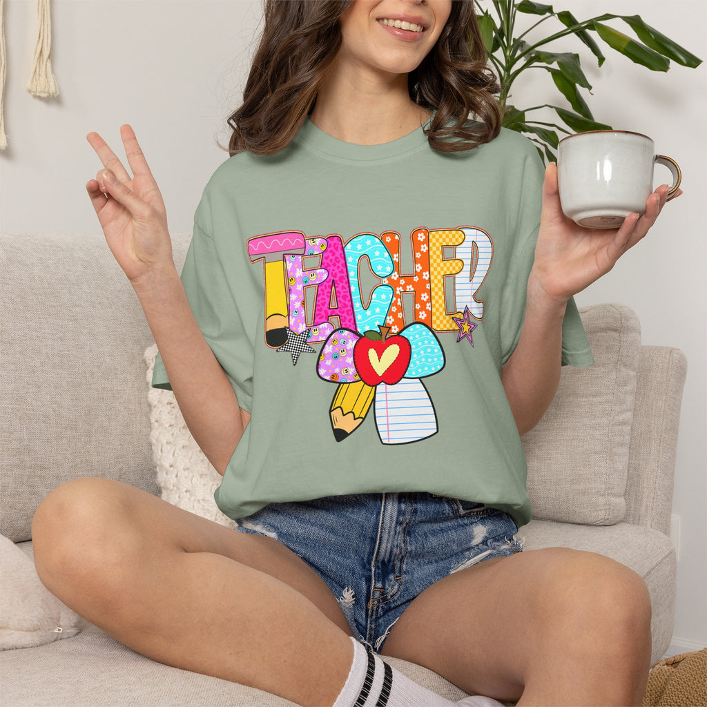 Teacher Doodle Graphic T‑Shirt — Colorful Pencil & Apple School Design
