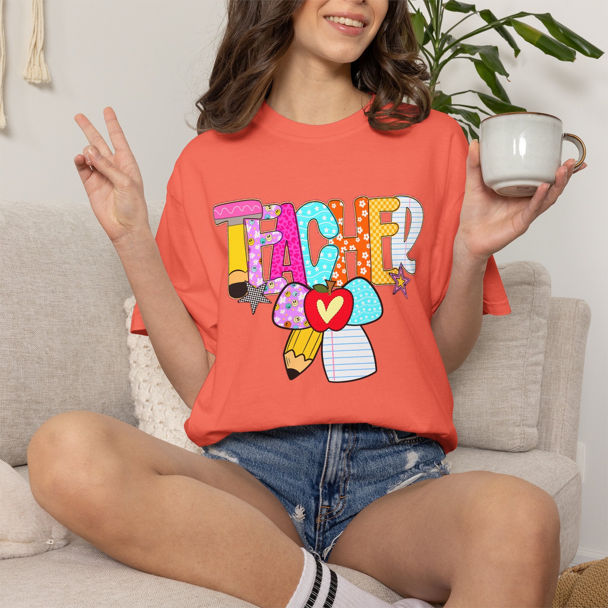 Teacher Doodle Graphic T‑Shirt — Colorful Pencil & Apple School Design