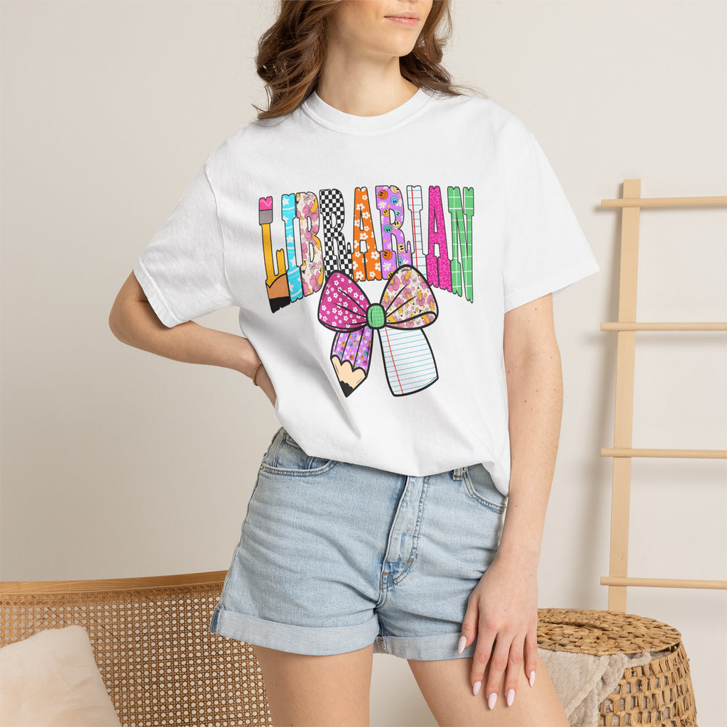 Librarian Graphic T‑Shirt — Colorful Bookish Bow Design
