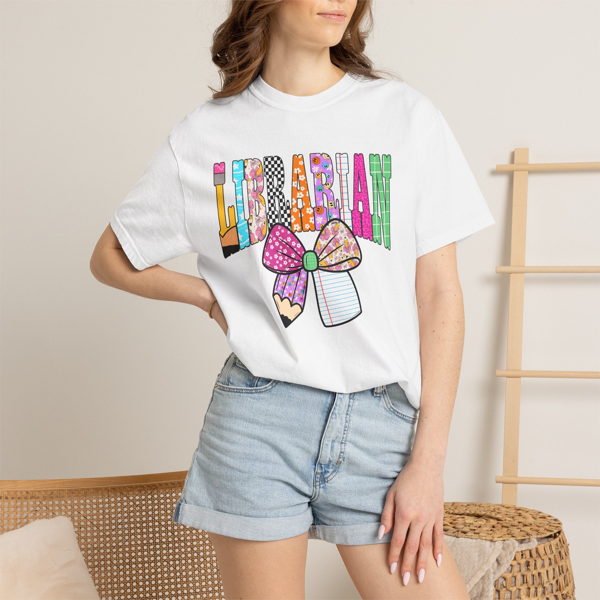 Librarian Graphic T‑Shirt — Colorful Bookish Bow Design