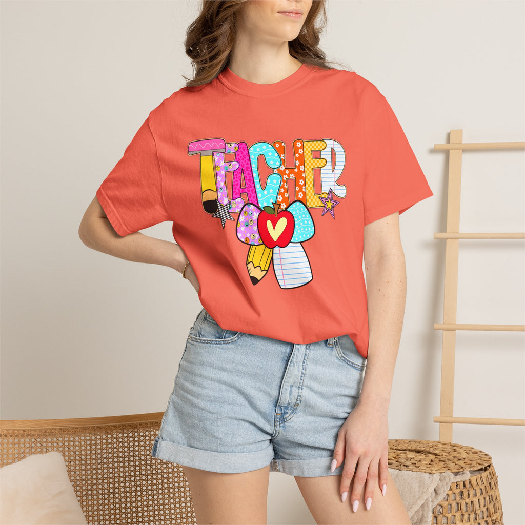Teacher Doodle Graphic T‑Shirt — Colorful Pencil & Apple School Design