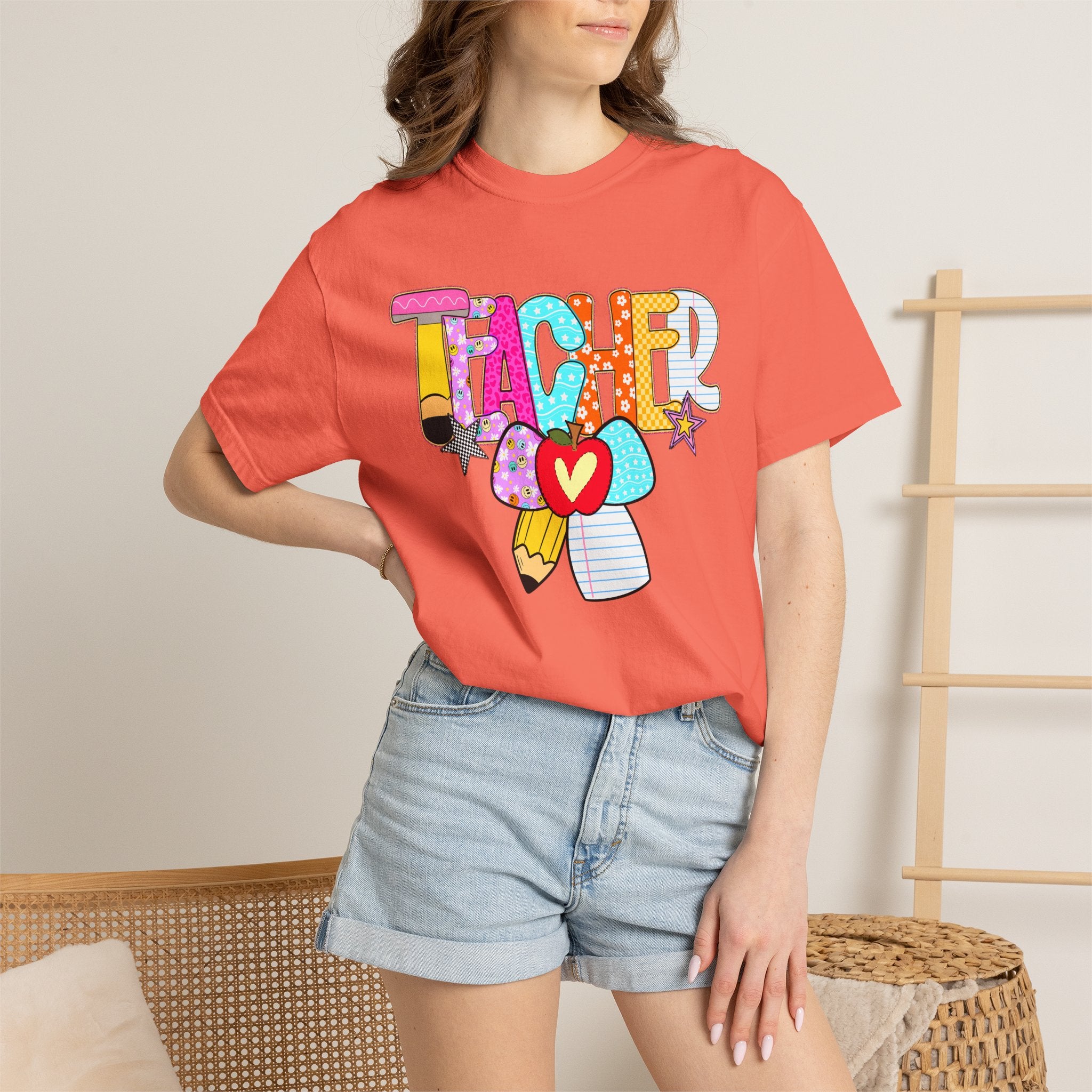 Teacher Doodle Graphic T‑Shirt — Colorful Pencil & Apple School Design