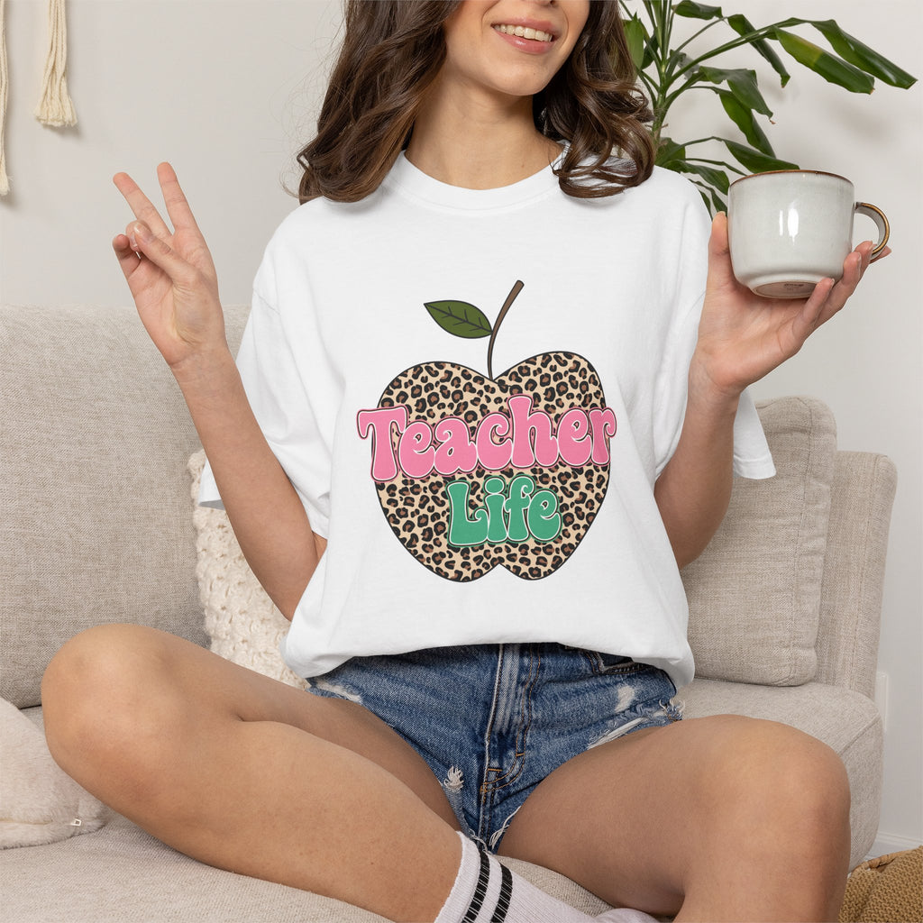 Teacher Life T-Shirt — Leopard Apple Graphic Tee for Educators