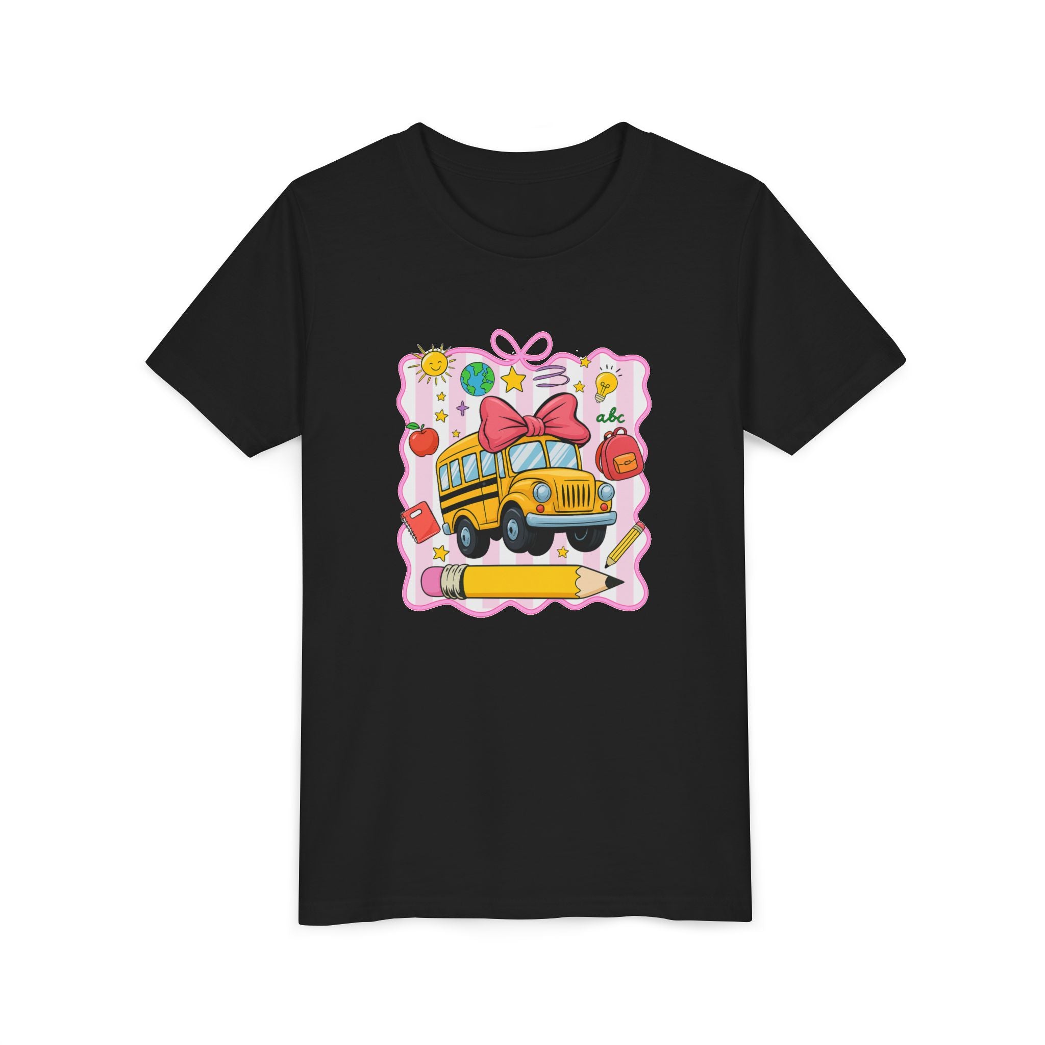 Youth Tee — Cute School Bus Back to School Kids Shirt (Pencil, Apple, Sun)