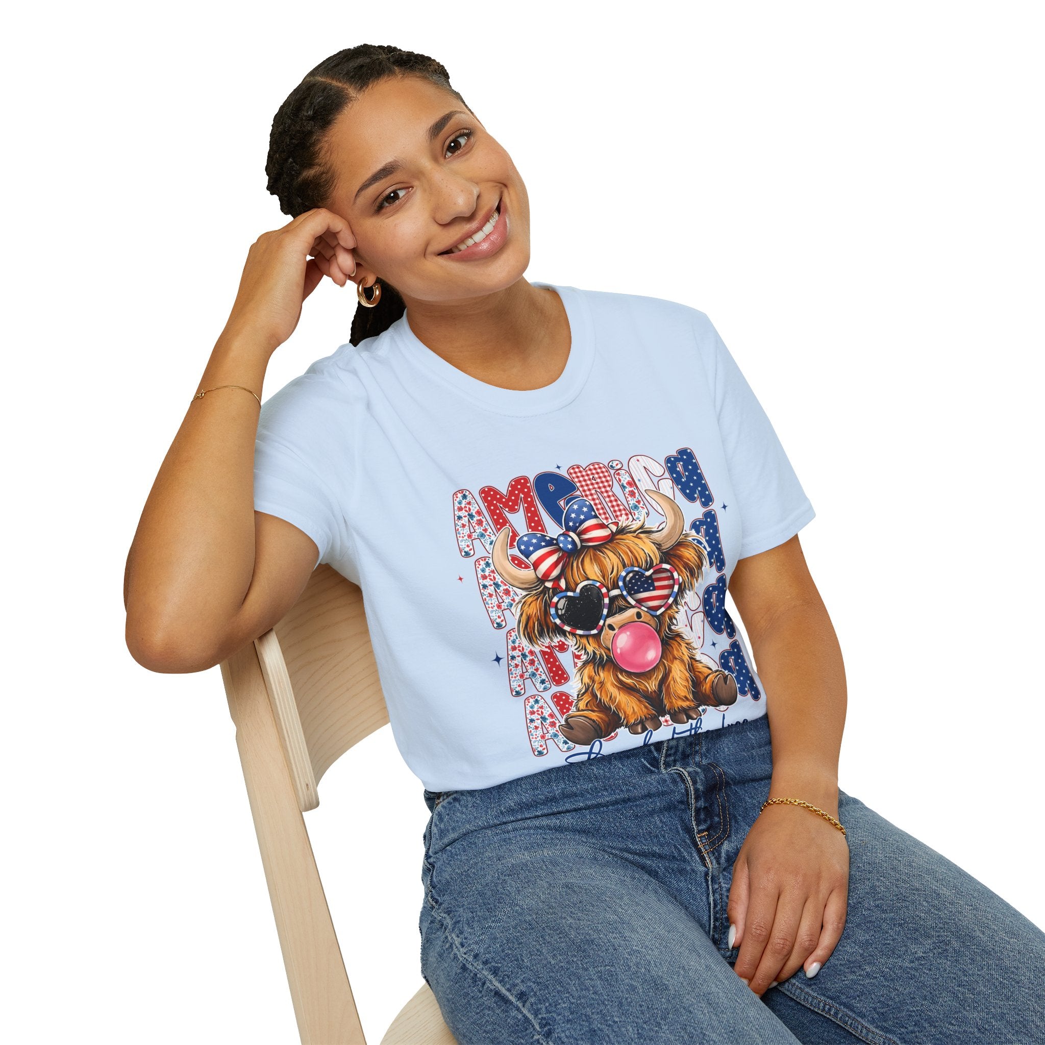 Patriotic Highland Cow T-Shirt — 'Land of the Free' 4th of July Tee