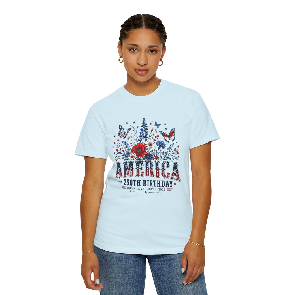 America 250th Birthday T-Shirt — Patriotic Floral July 4th Tee